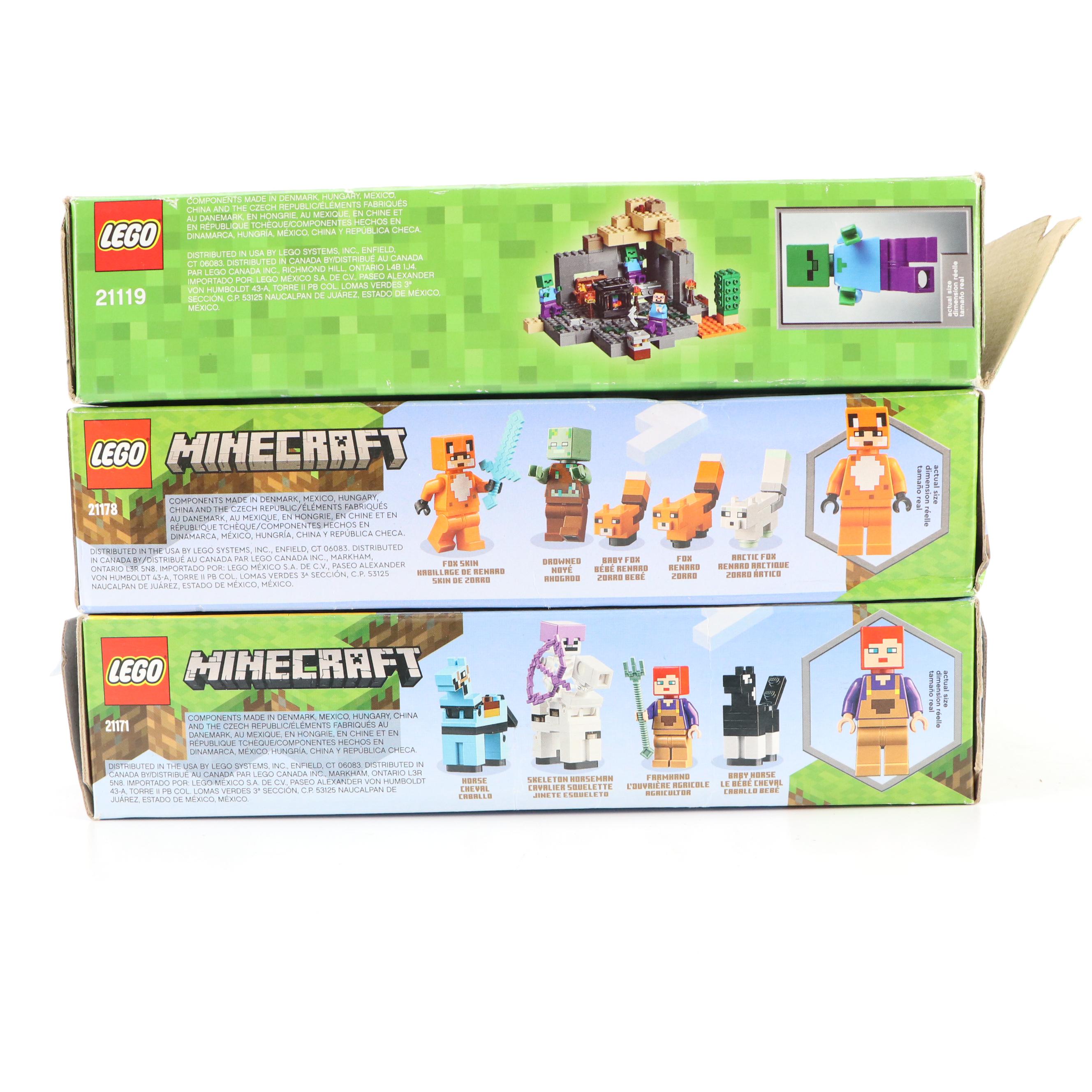 LEGO Minecraft "Horse Stable," "The Fox Lodge," and "The Dungeon" Building Sets