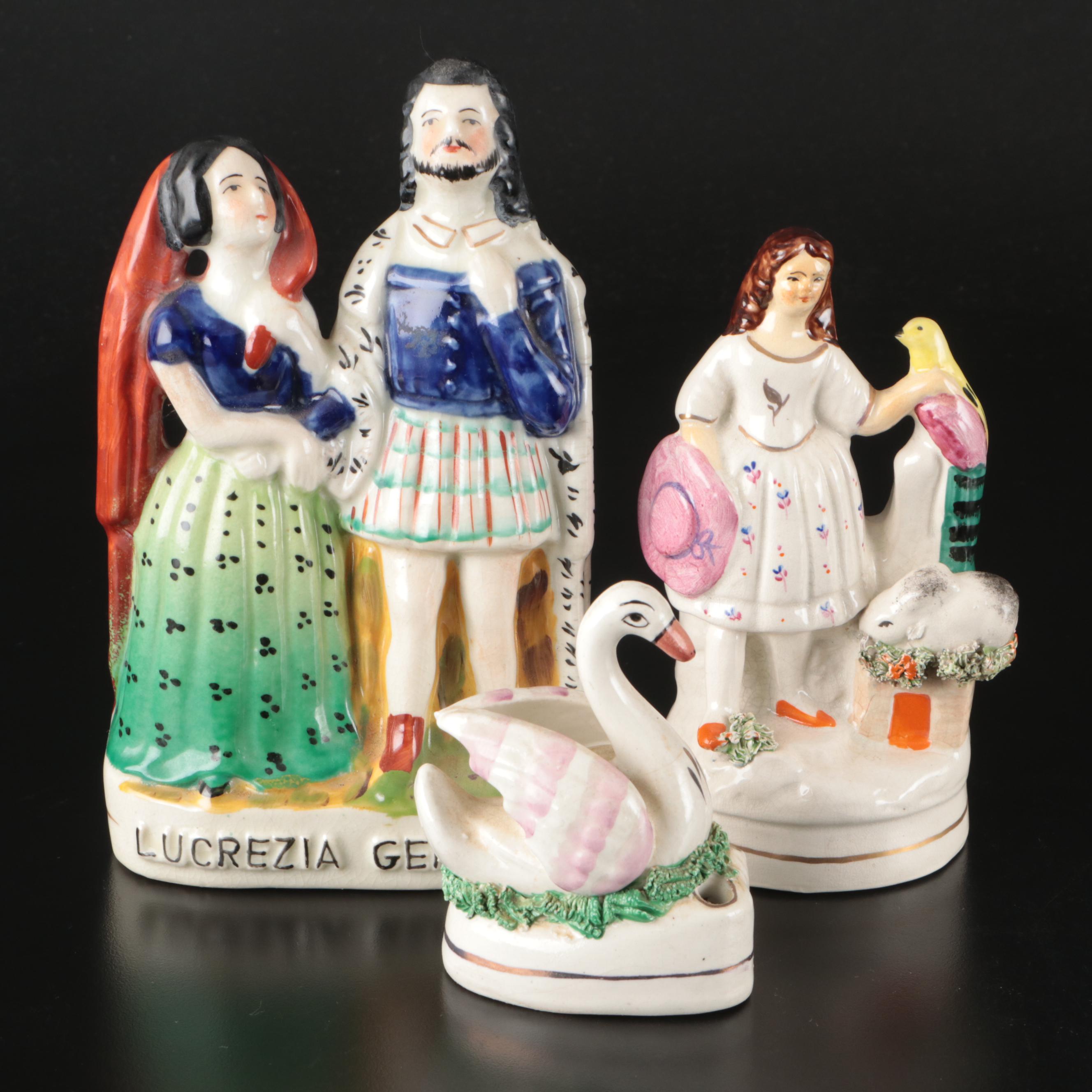 "Lucrezia Gennaro" Man & Woman, Swan, and Girl with Bird Ceramic Figures
