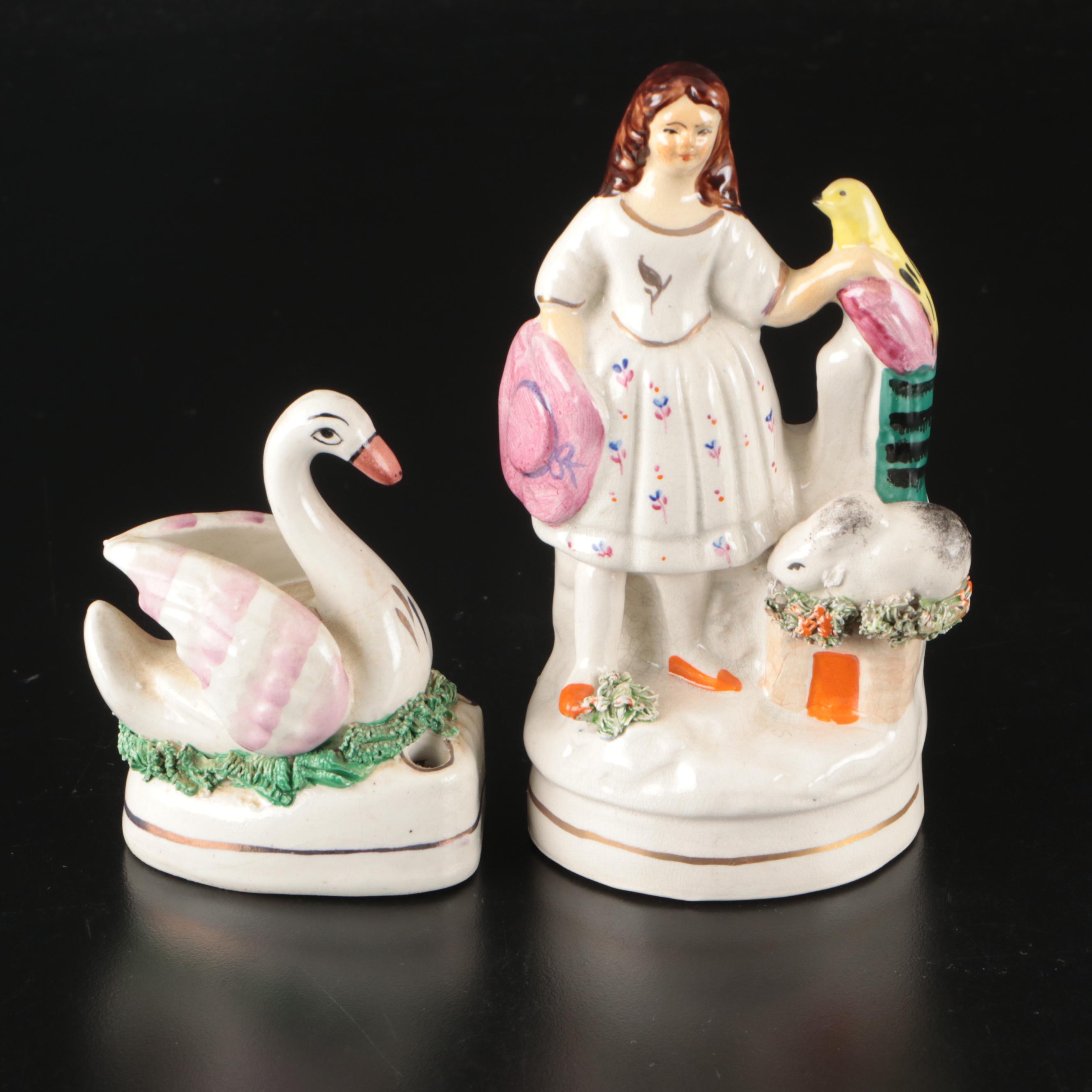 "Lucrezia Gennaro" Man & Woman, Swan, and Girl with Bird Ceramic Figures