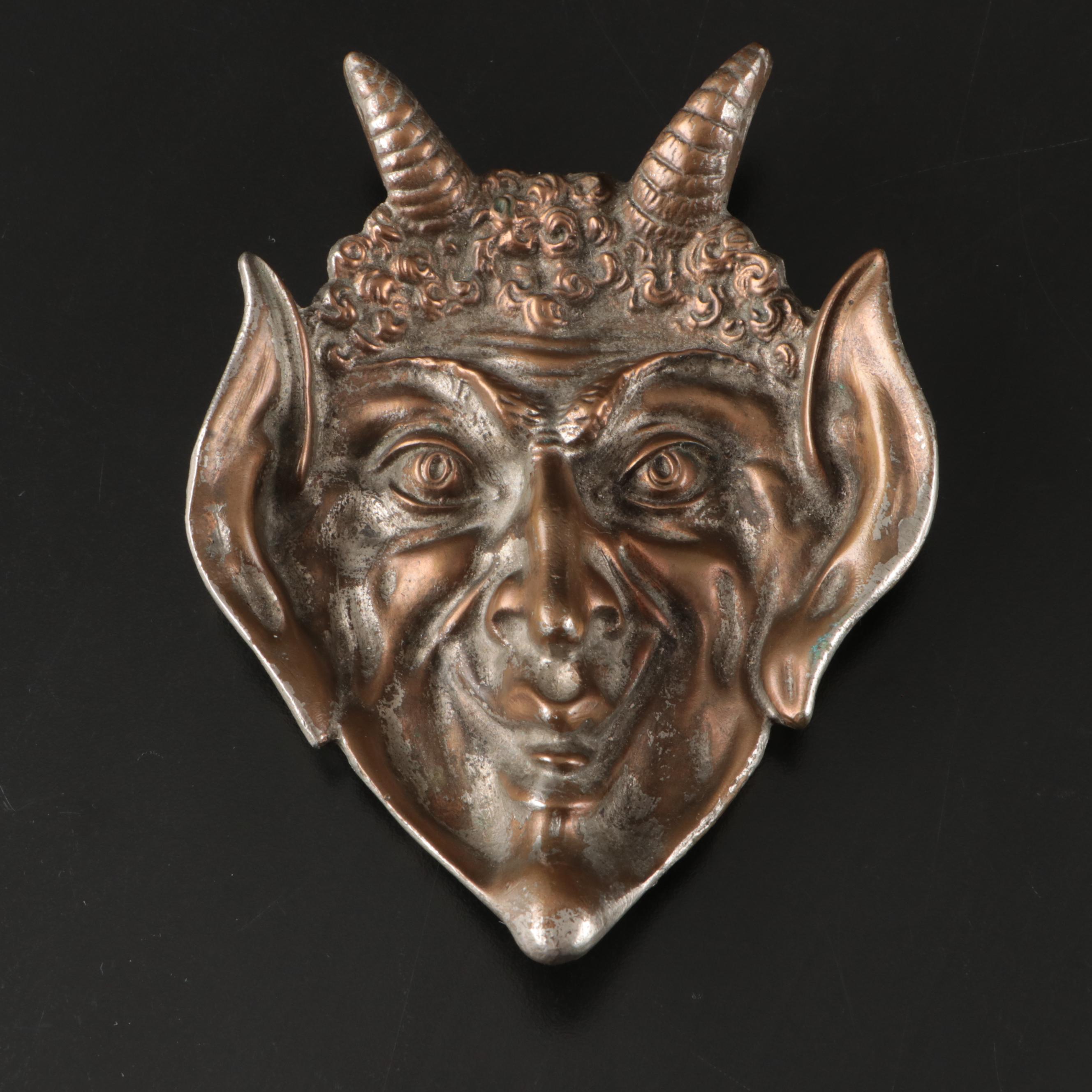 Russian Silver Plate on Copper Devil Face Ashtray, Early 20th C.