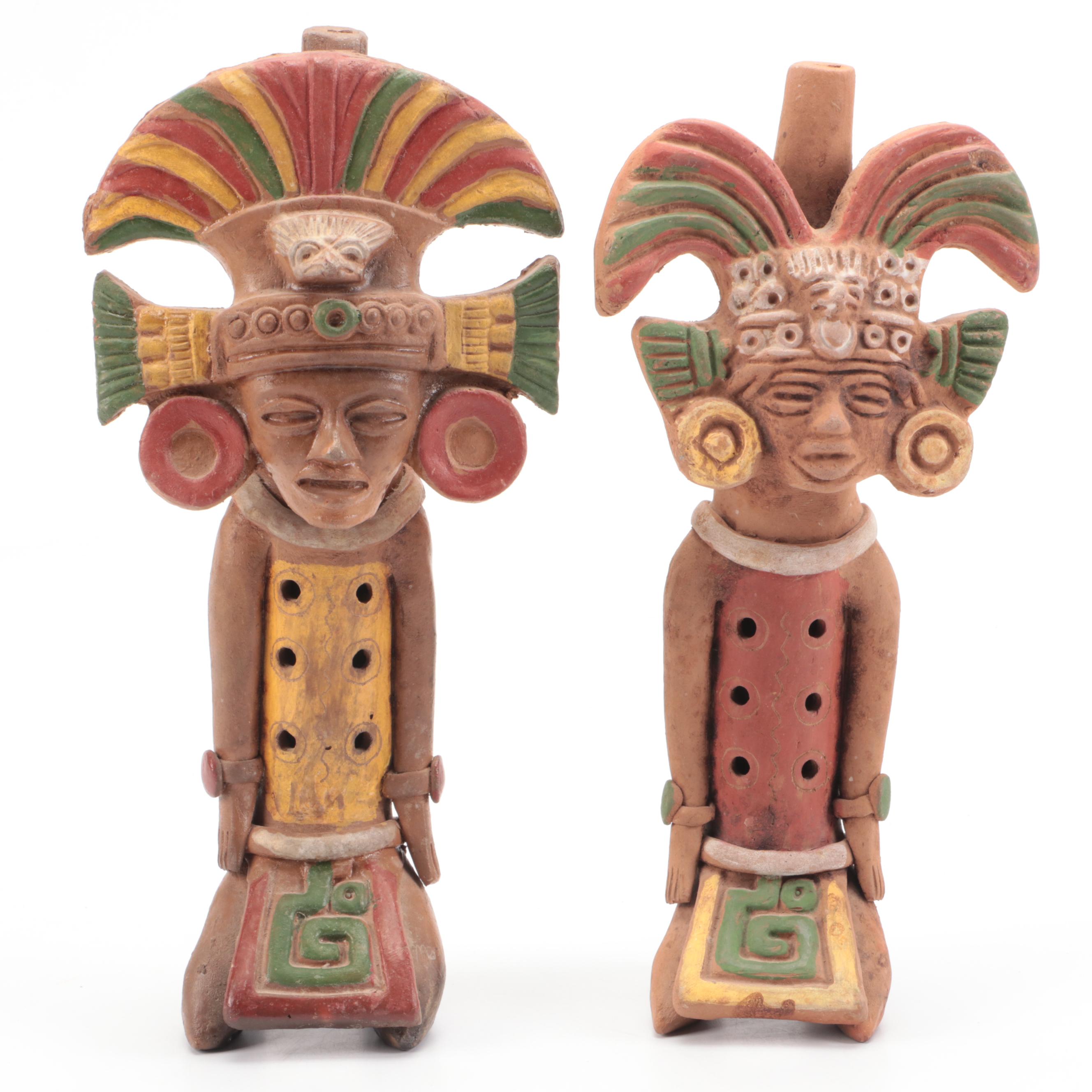 Mesoamerican Polychrome Decorated Figural Clay Flutes