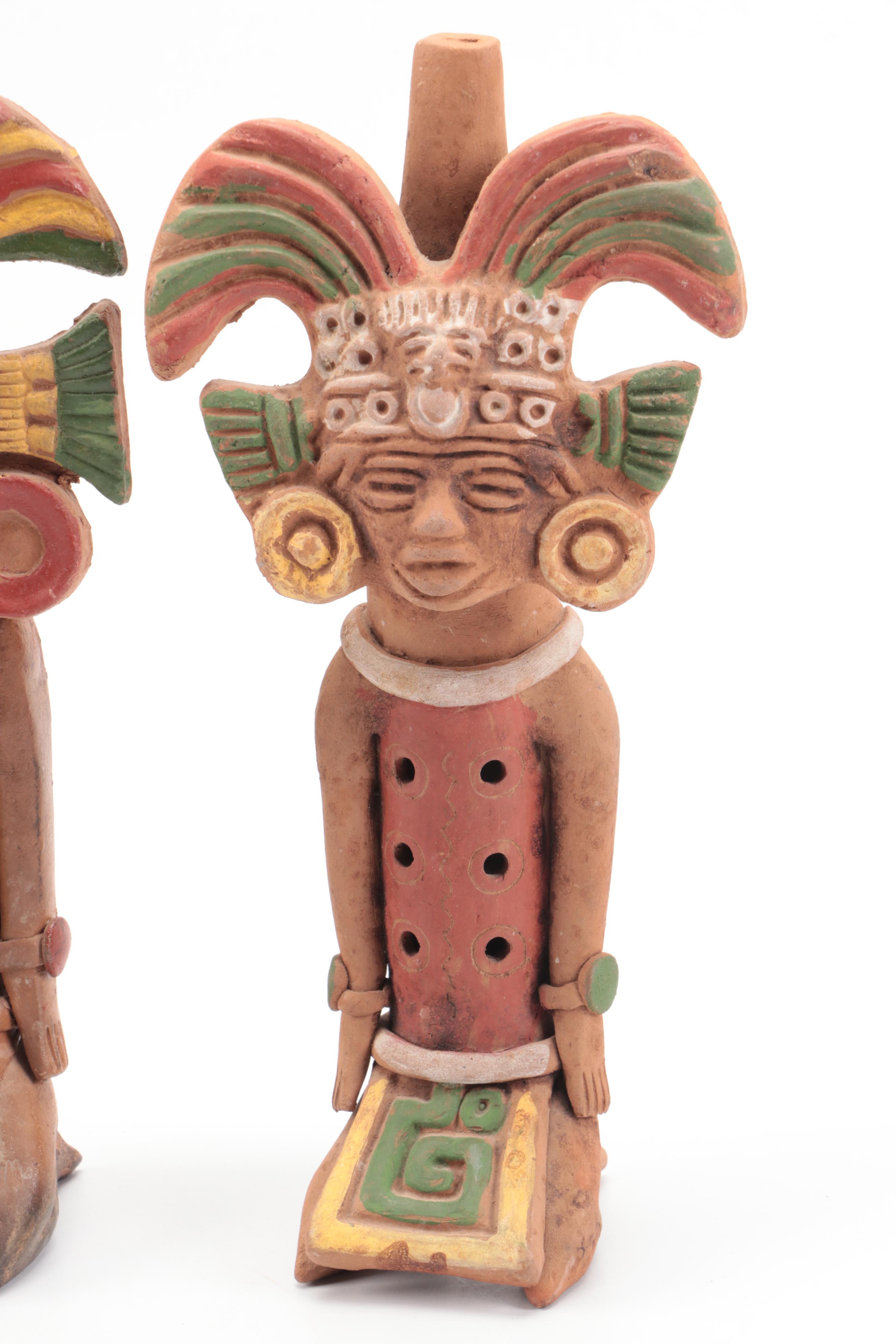 Mesoamerican Polychrome Decorated Figural Clay Flutes