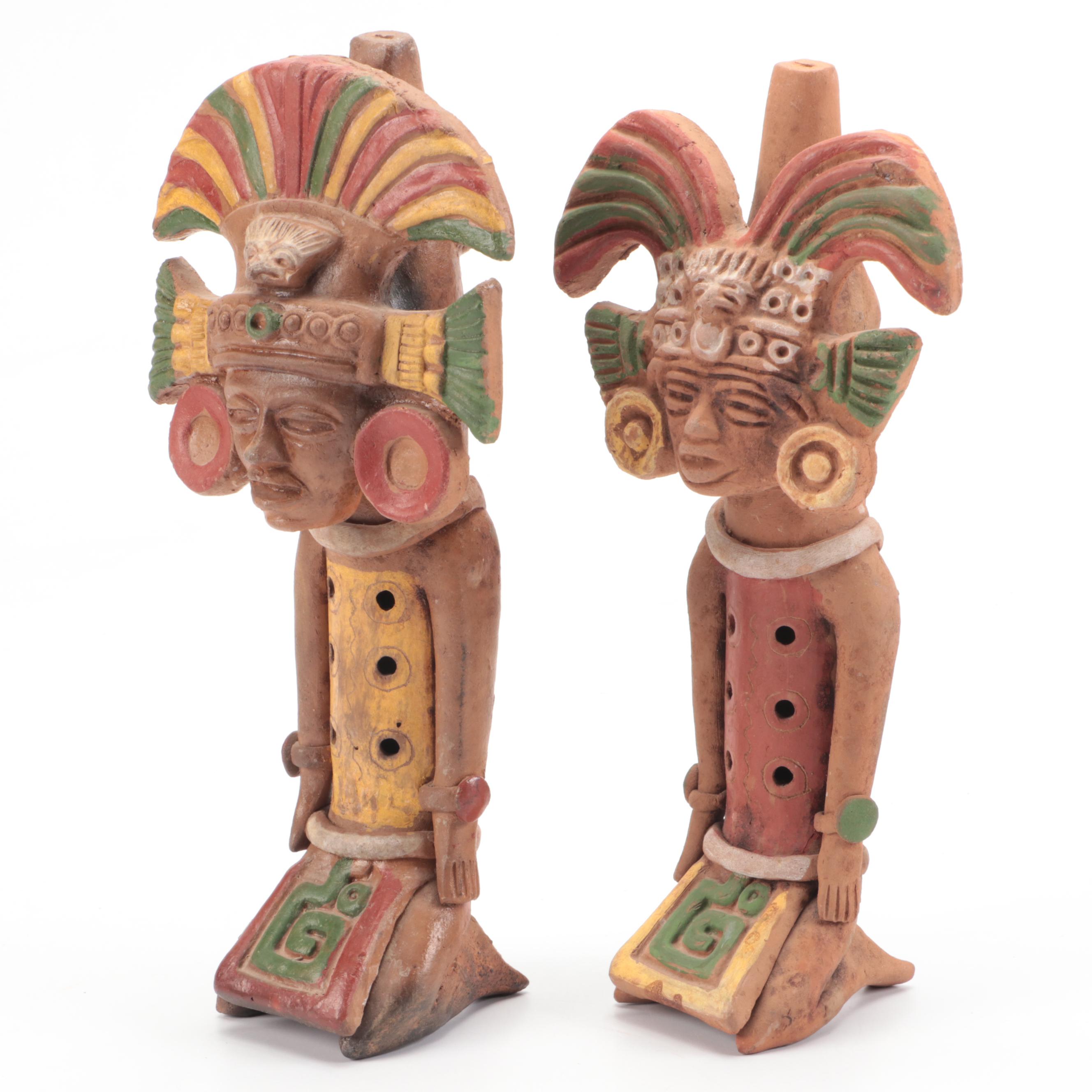Mesoamerican Polychrome Decorated Figural Clay Flutes