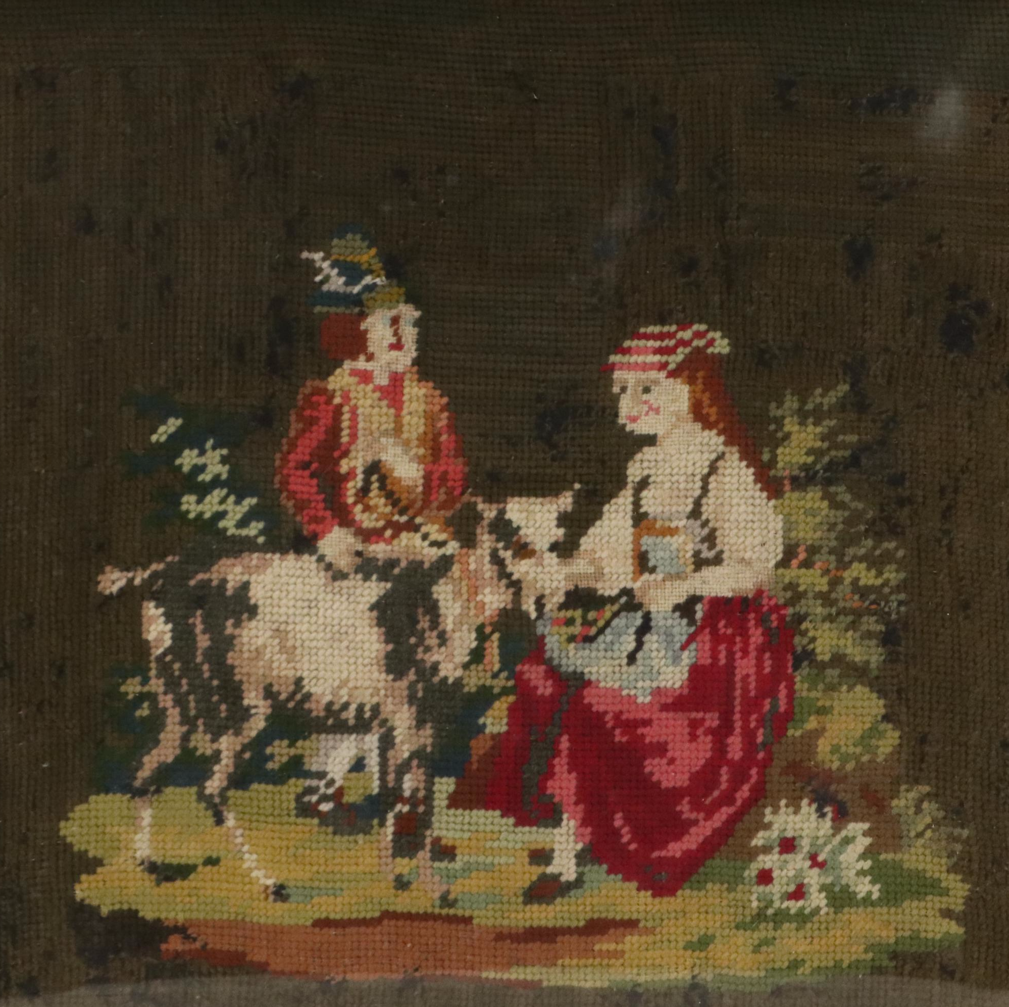 Needlepoint Panel of Young Courting Couple with Goat, Early to Mid-20th C.