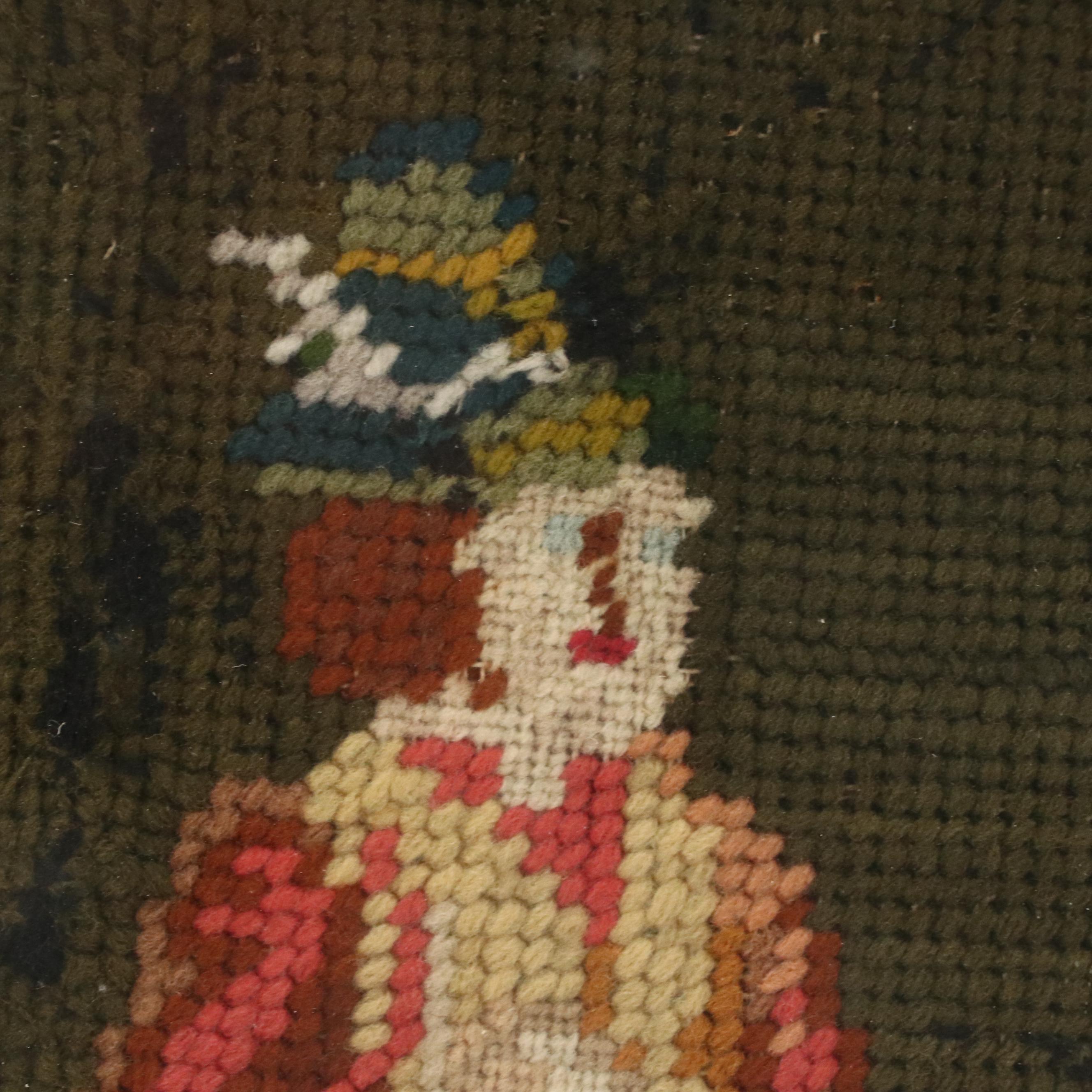 Needlepoint Panel of Young Courting Couple with Goat, Early to Mid-20th C.