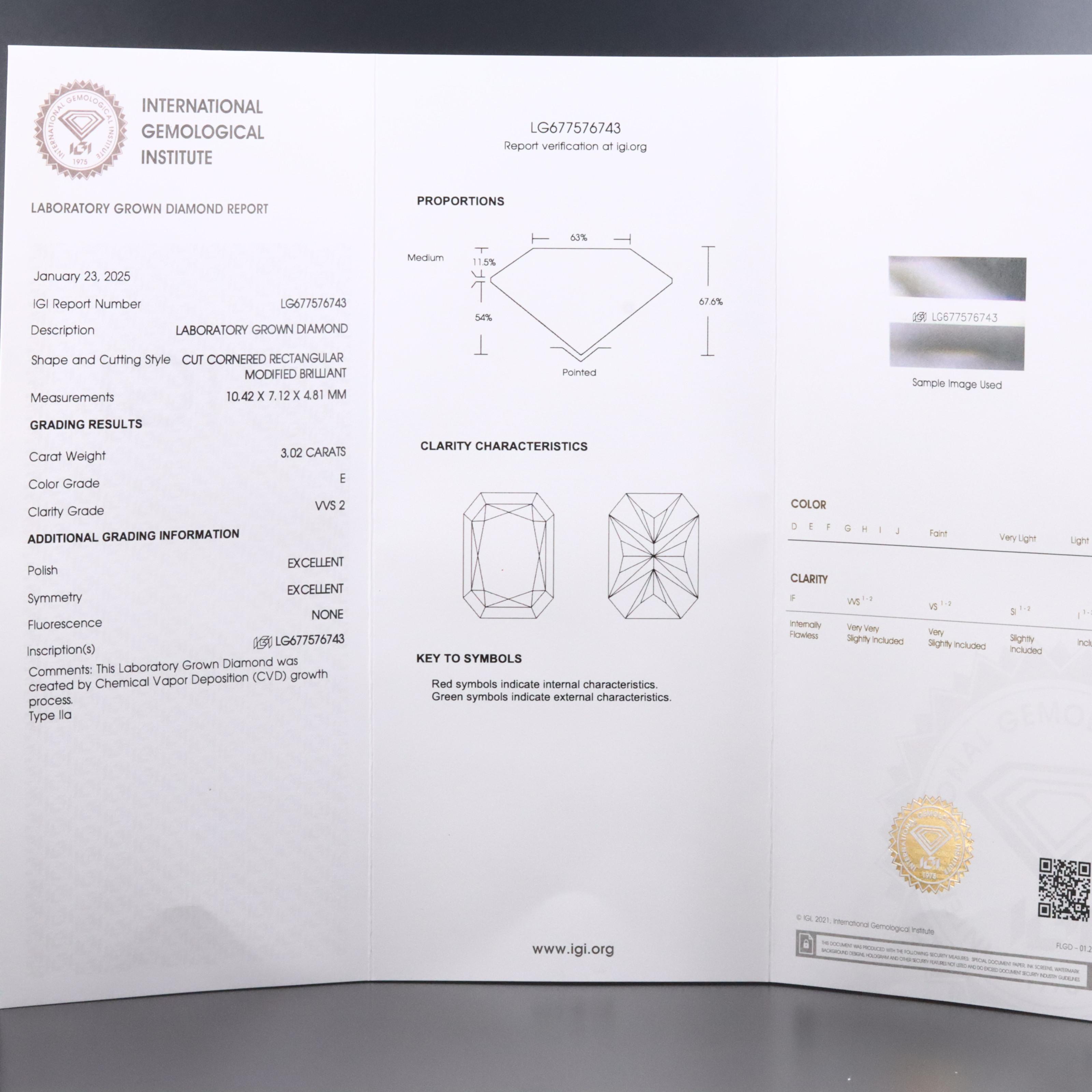 Loose 3.02 CT Lab Grown Diamond with IGI Report