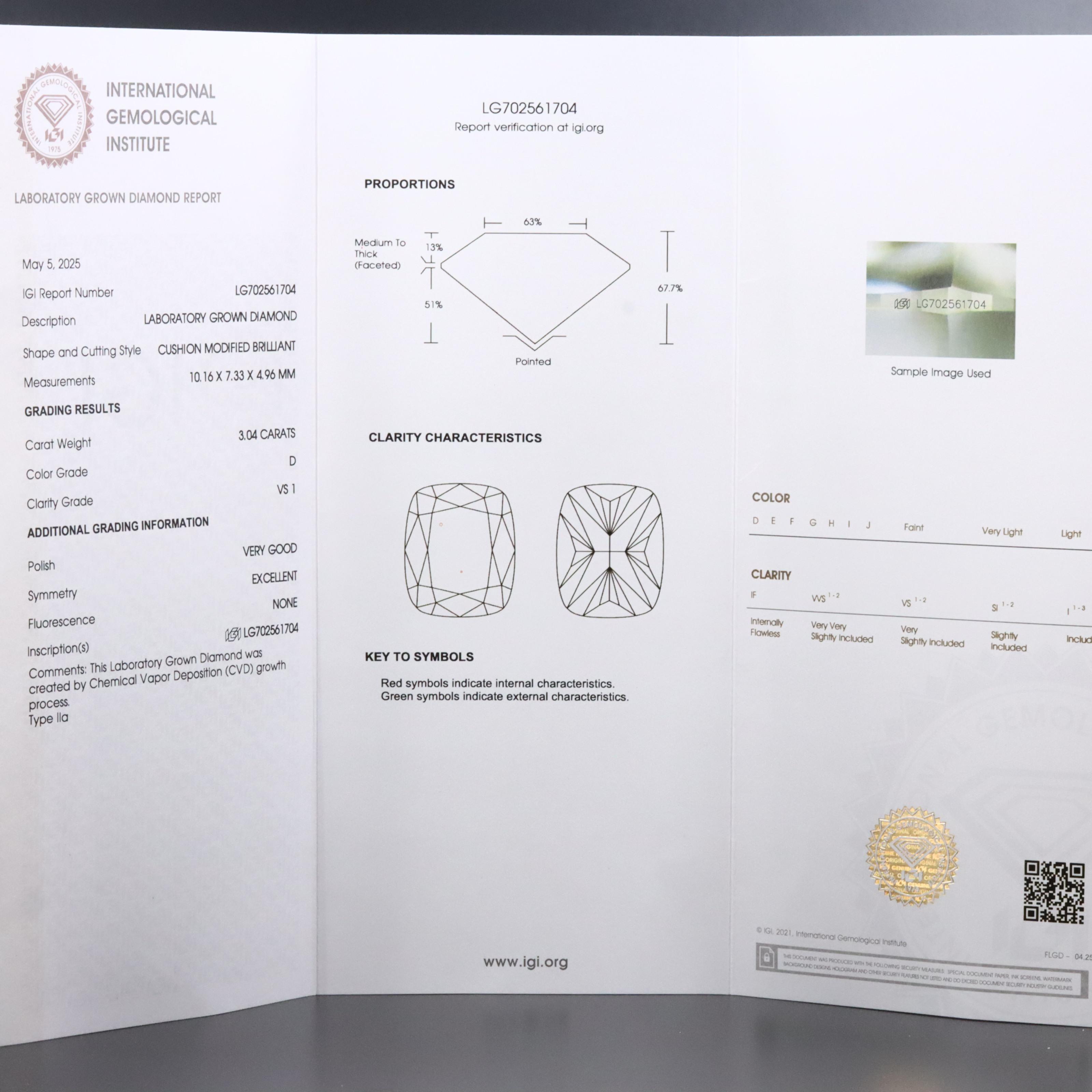 Loose 3.04 CT Lab Grown Diamond with IGI Report