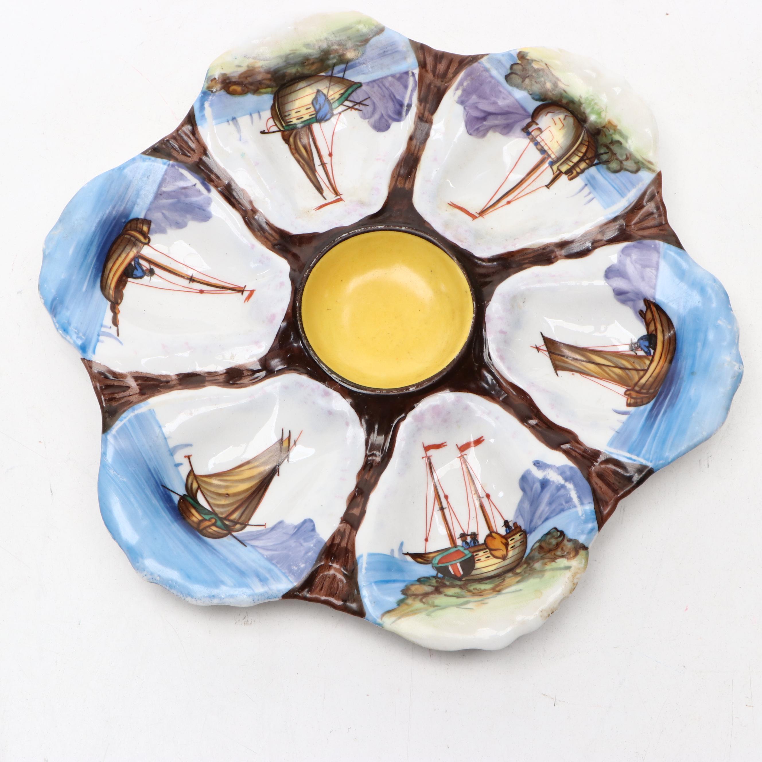 Continental European Hand-Painted Porcelain Oyster Plate