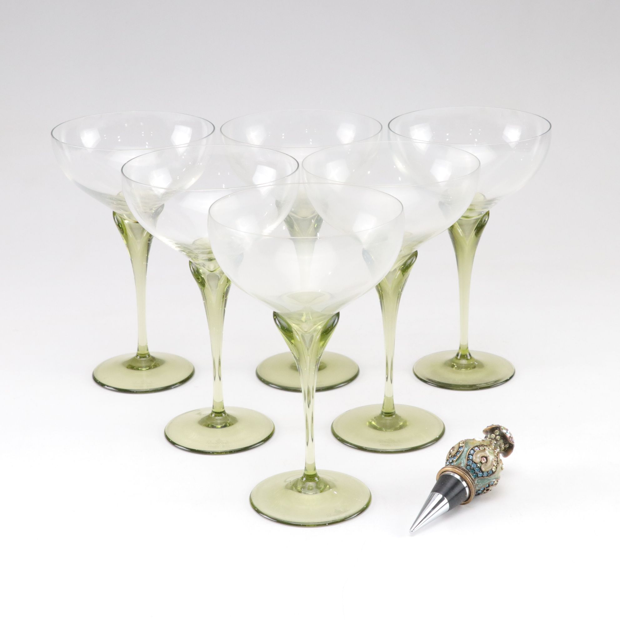 Six Rosenthal "Papyrus" Champagne Coupes with Jay Strongwater Stopper