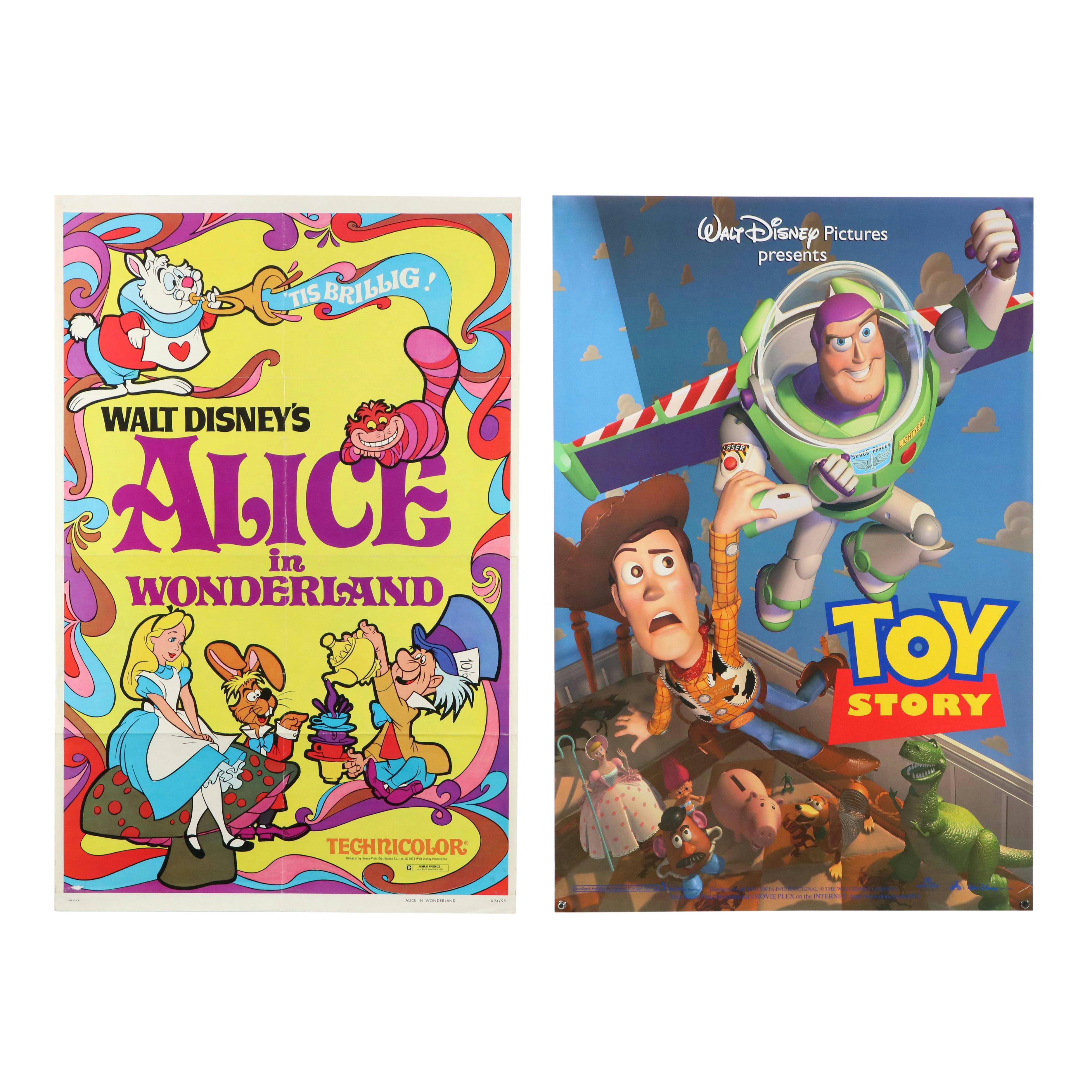 Disney Offset Lithograph Movie Posters "Alice in Wonderland" and "Toy Story"