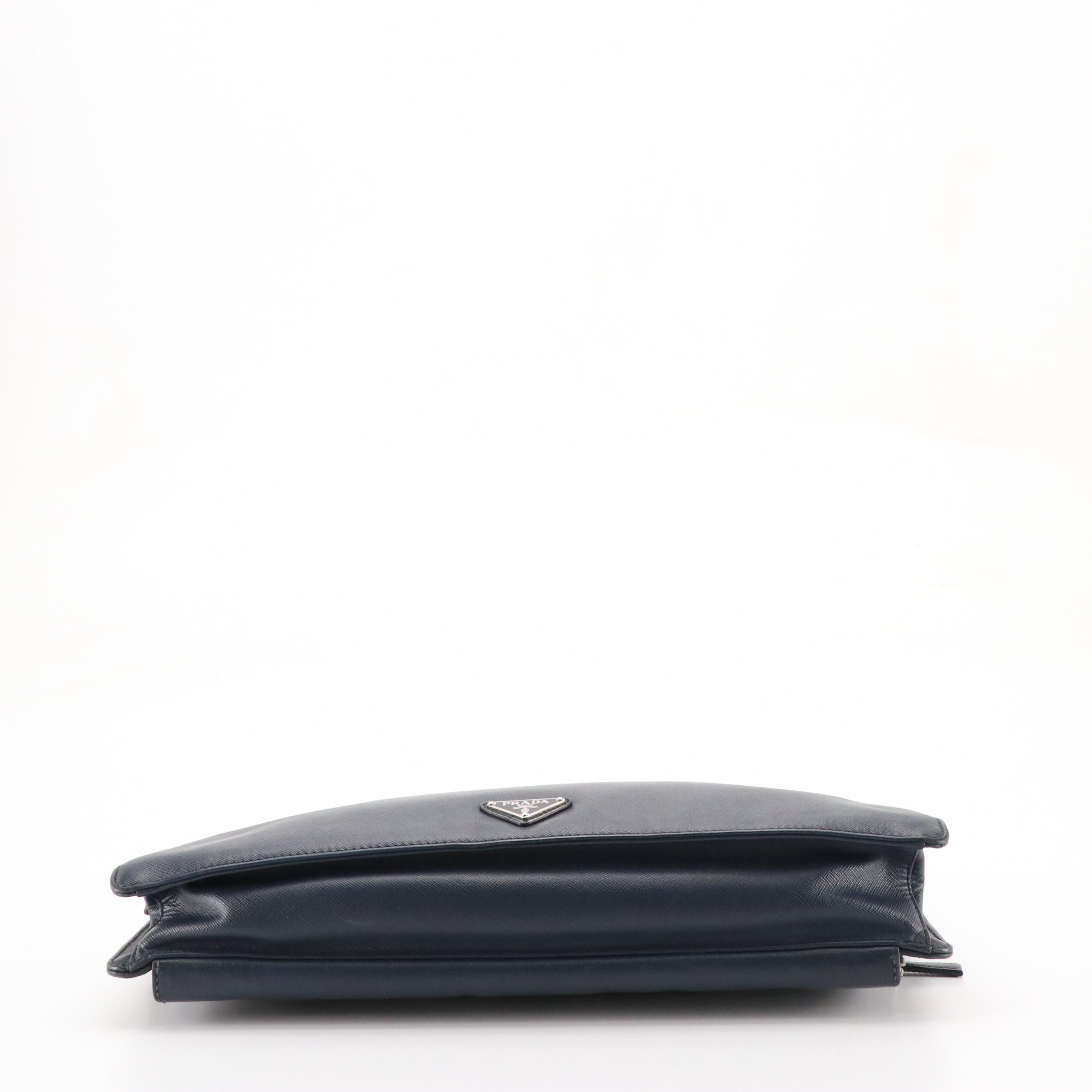 Prada Dark Blue Saffiano Leather Zip Around Briefcase