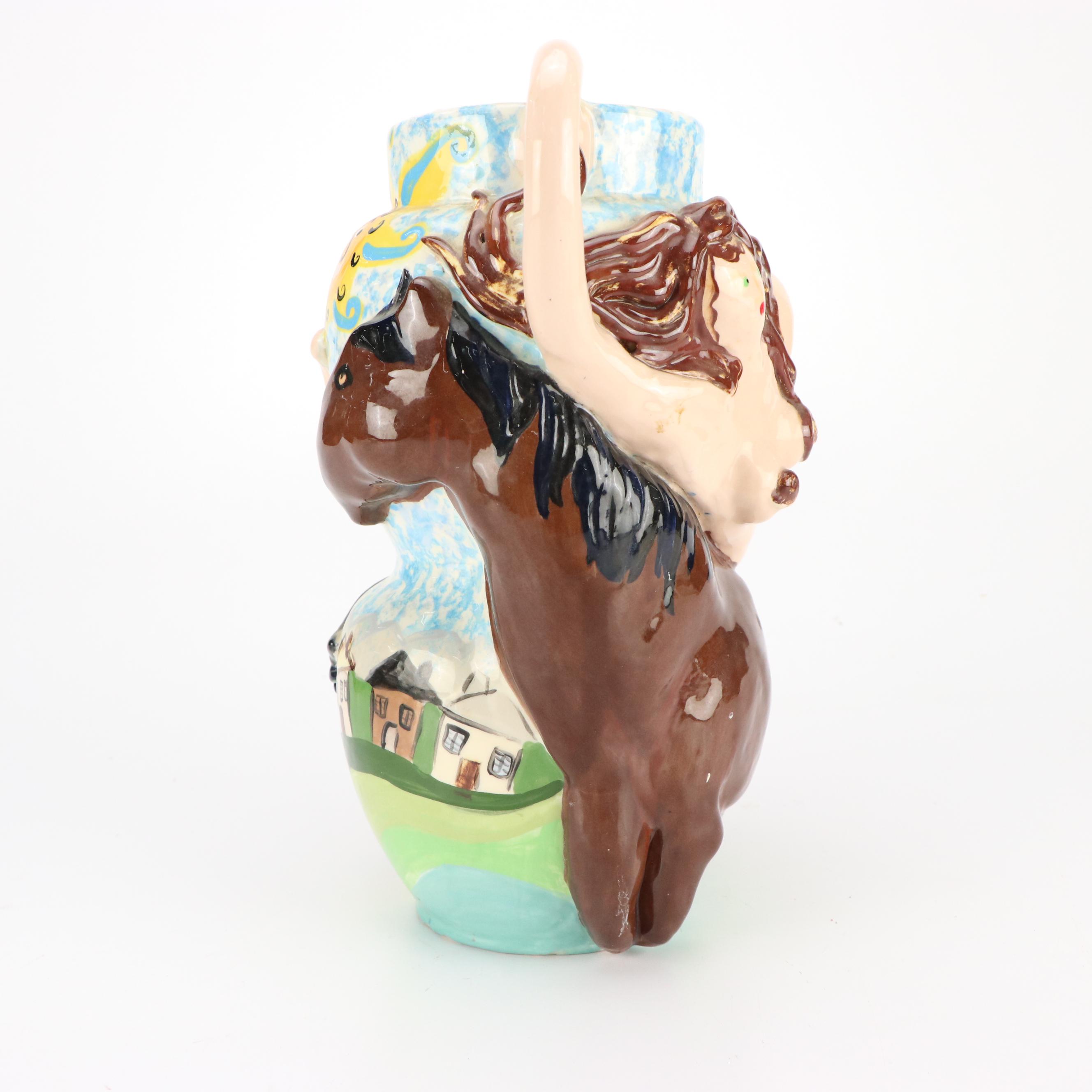 Lady Godiva on Horse Ceramic Vase, Italian Toleware Candlesticks, with Party Cow