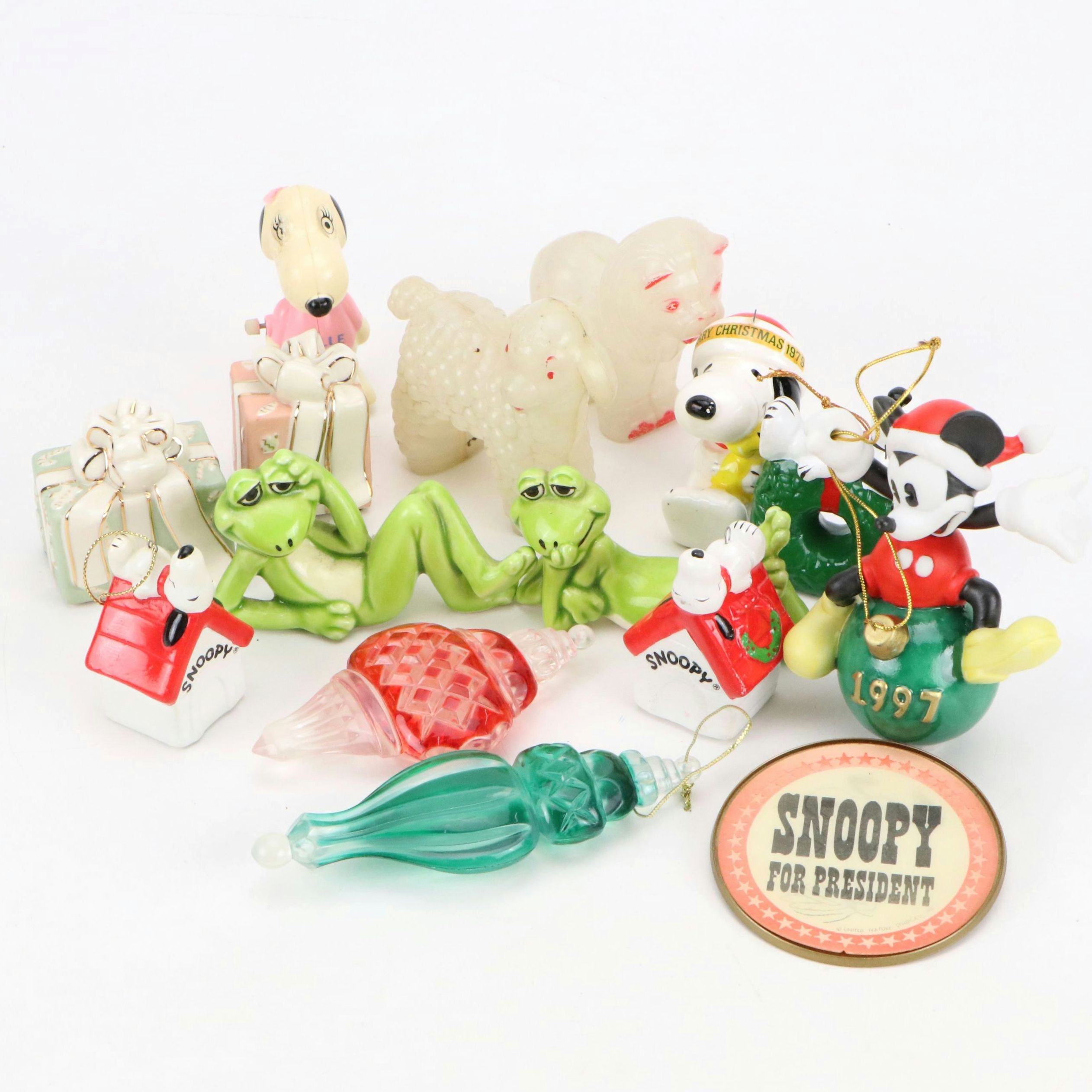 Snoopy Ornaments with Lenox Ceramic Presents and Other Vintage Figurines