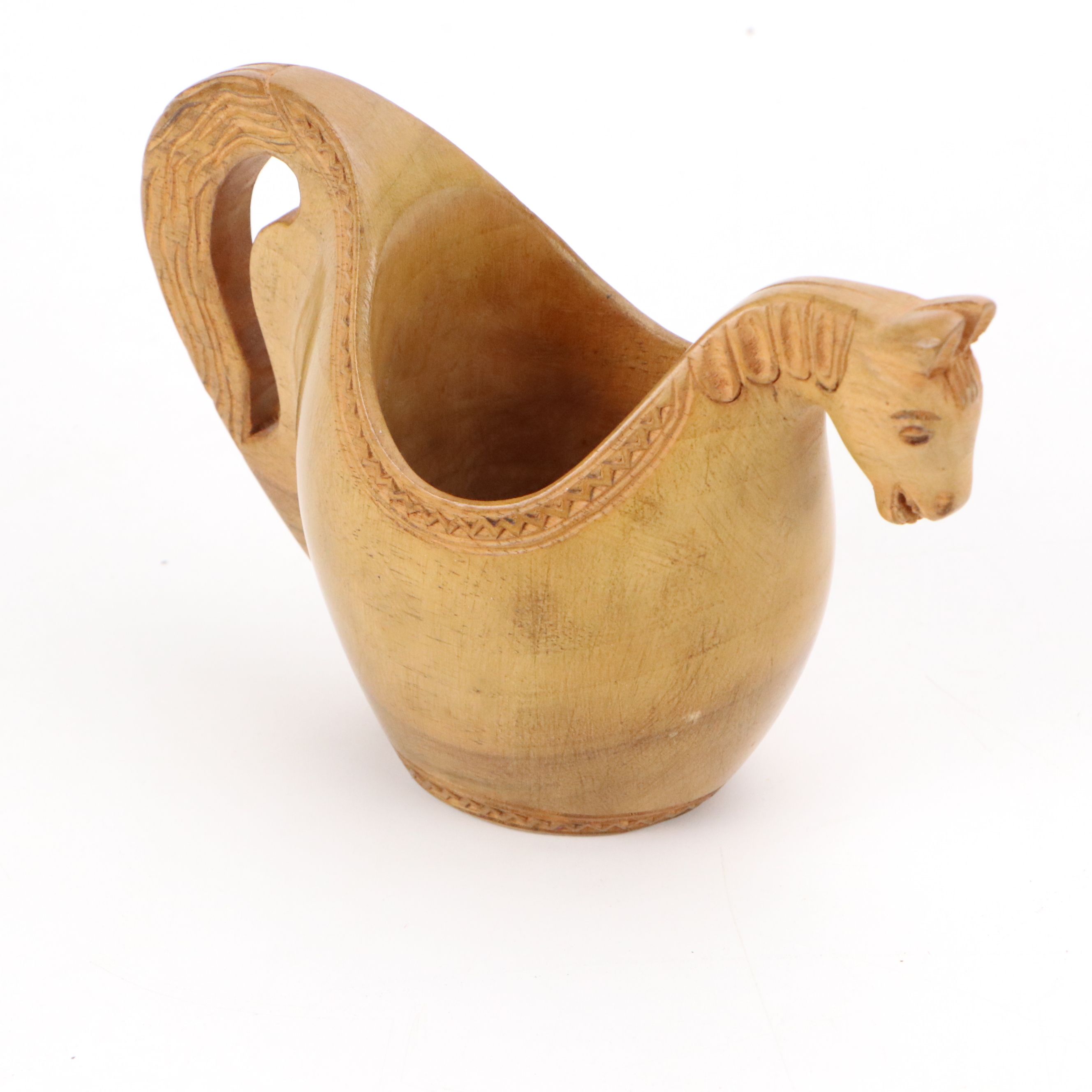 Continental Folk Art Horse Shepherd's Cup with Hand-Carved Wooden Spoons, 1980s