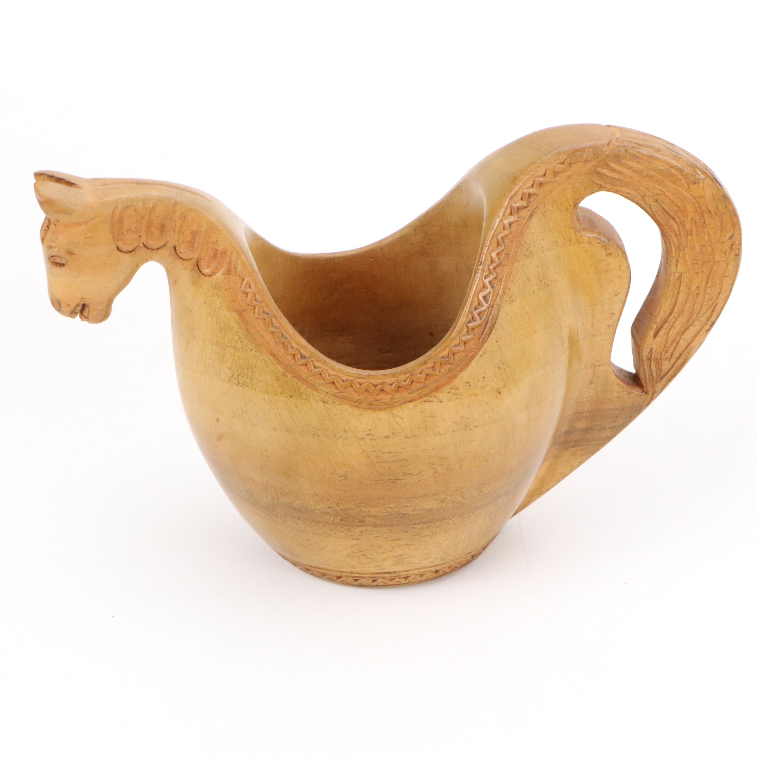 Continental Folk Art Horse Shepherd's Cup with Hand-Carved Wooden Spoons, 1980s