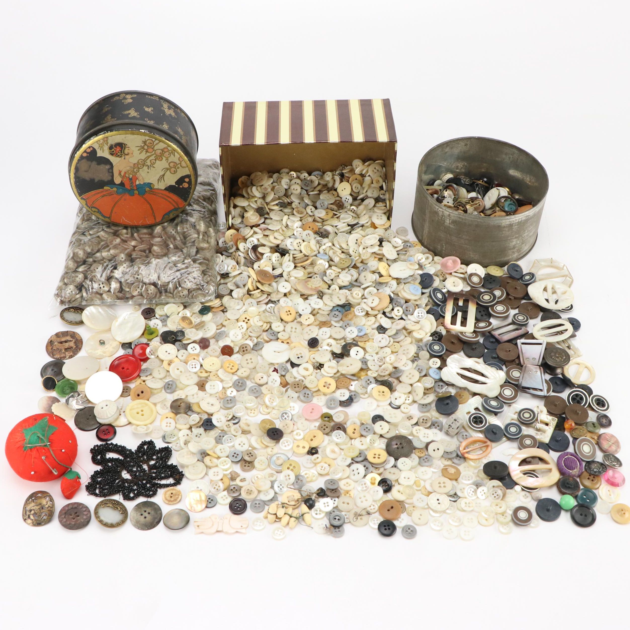 Mother-of-Pearl Buckles with Loose Buttons and Other Sewing Supplies