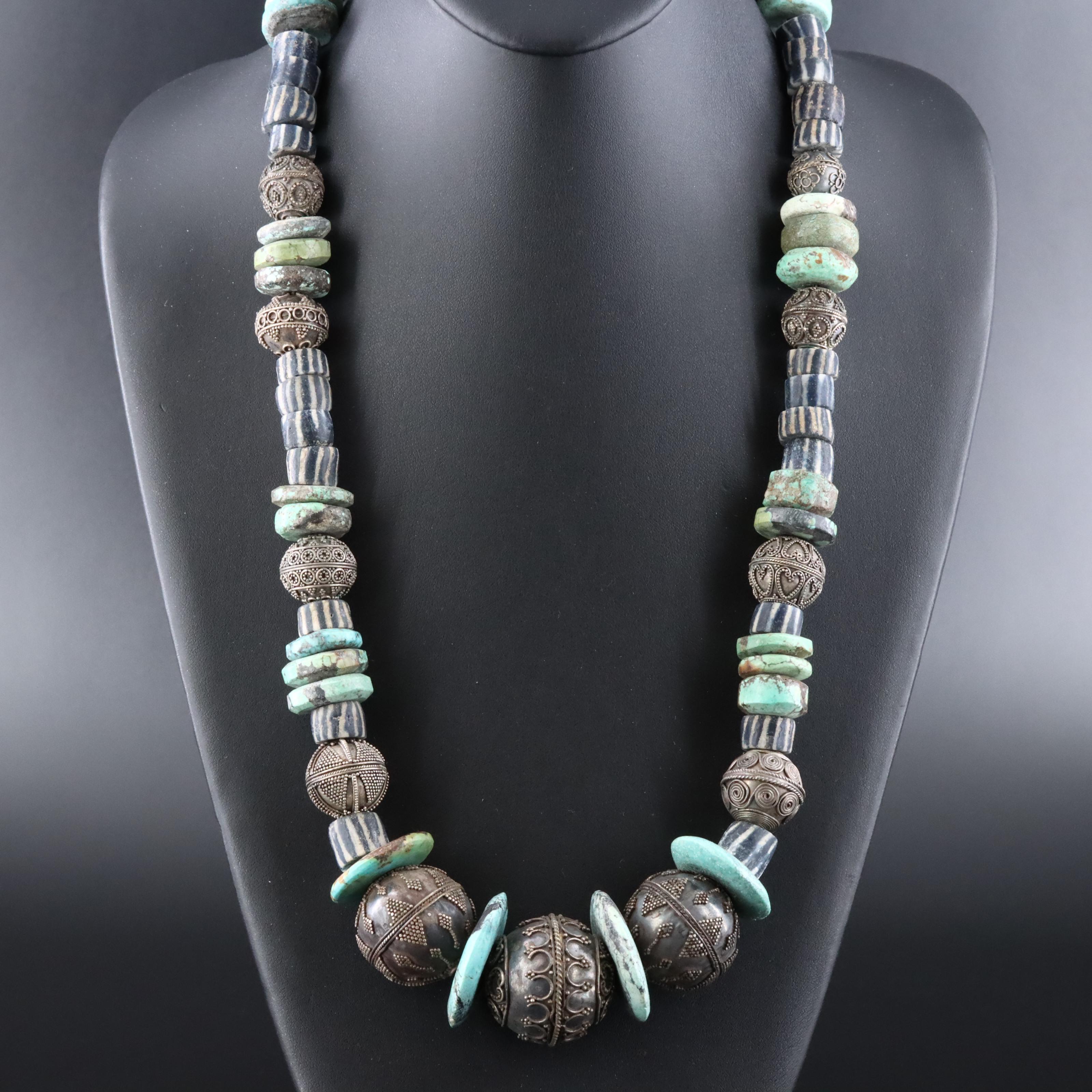 Sterling Granulated Bead, Turquoise and Glass Graduated Necklace