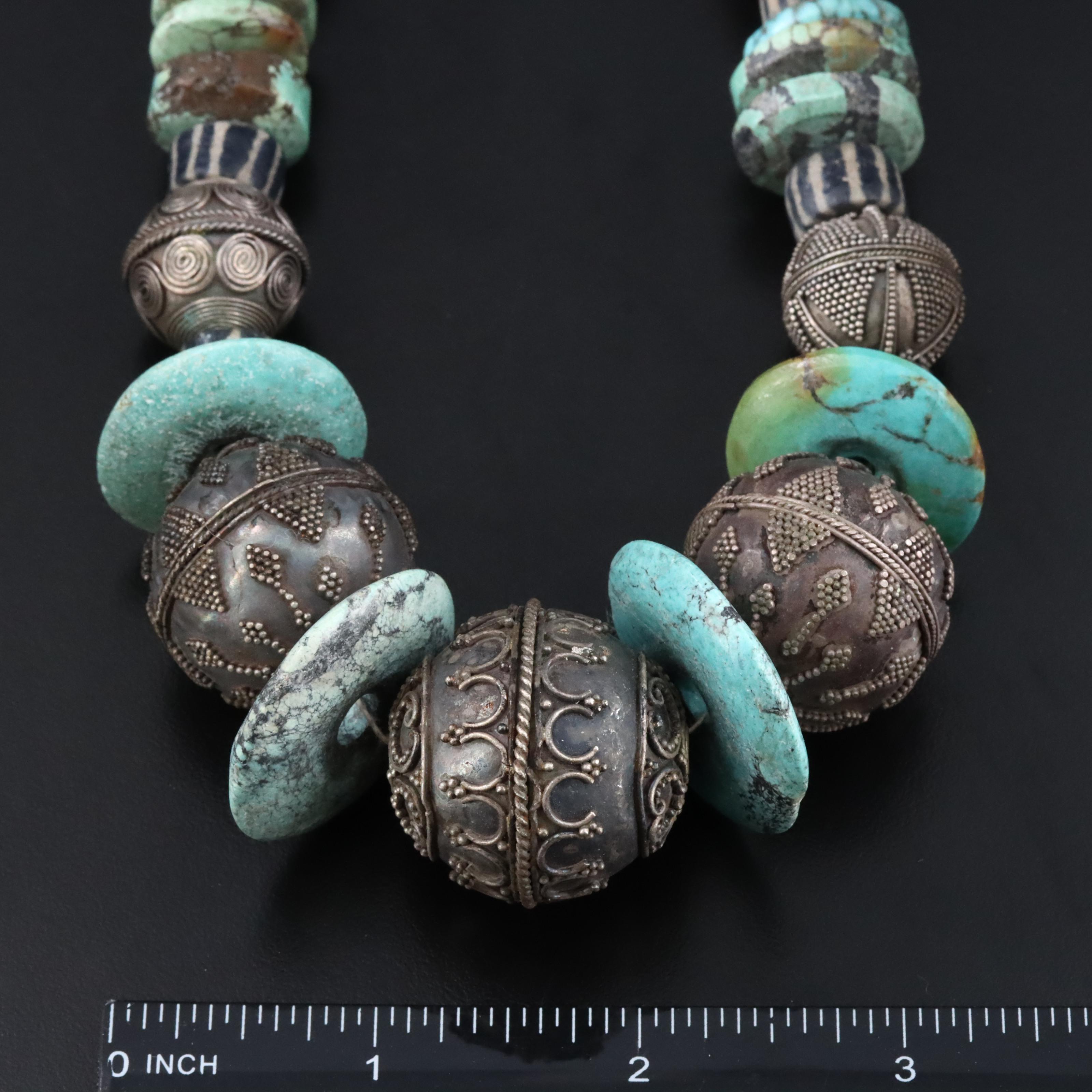 Sterling Granulated Bead, Turquoise and Glass Graduated Necklace