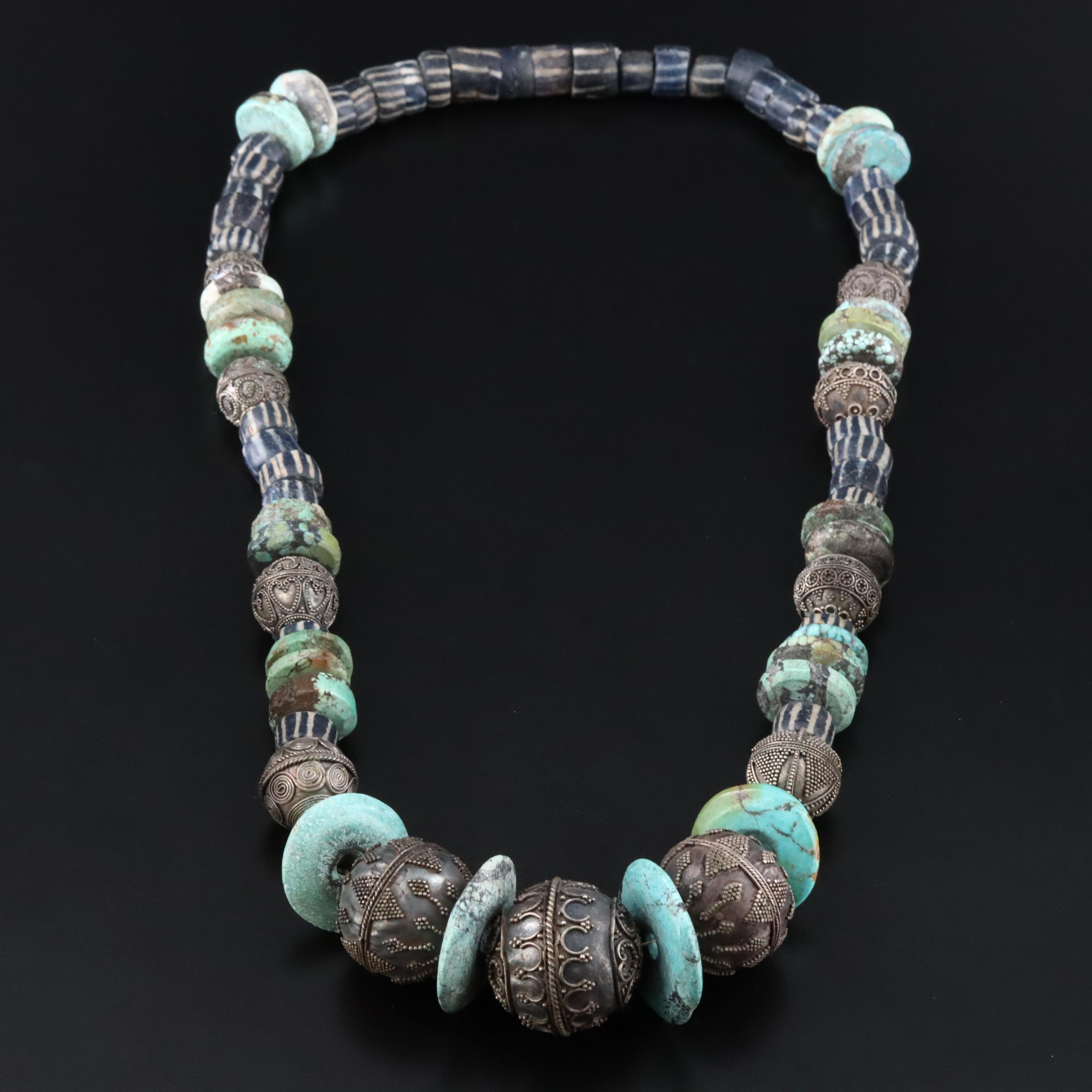 Sterling Granulated Bead, Turquoise and Glass Graduated Necklace