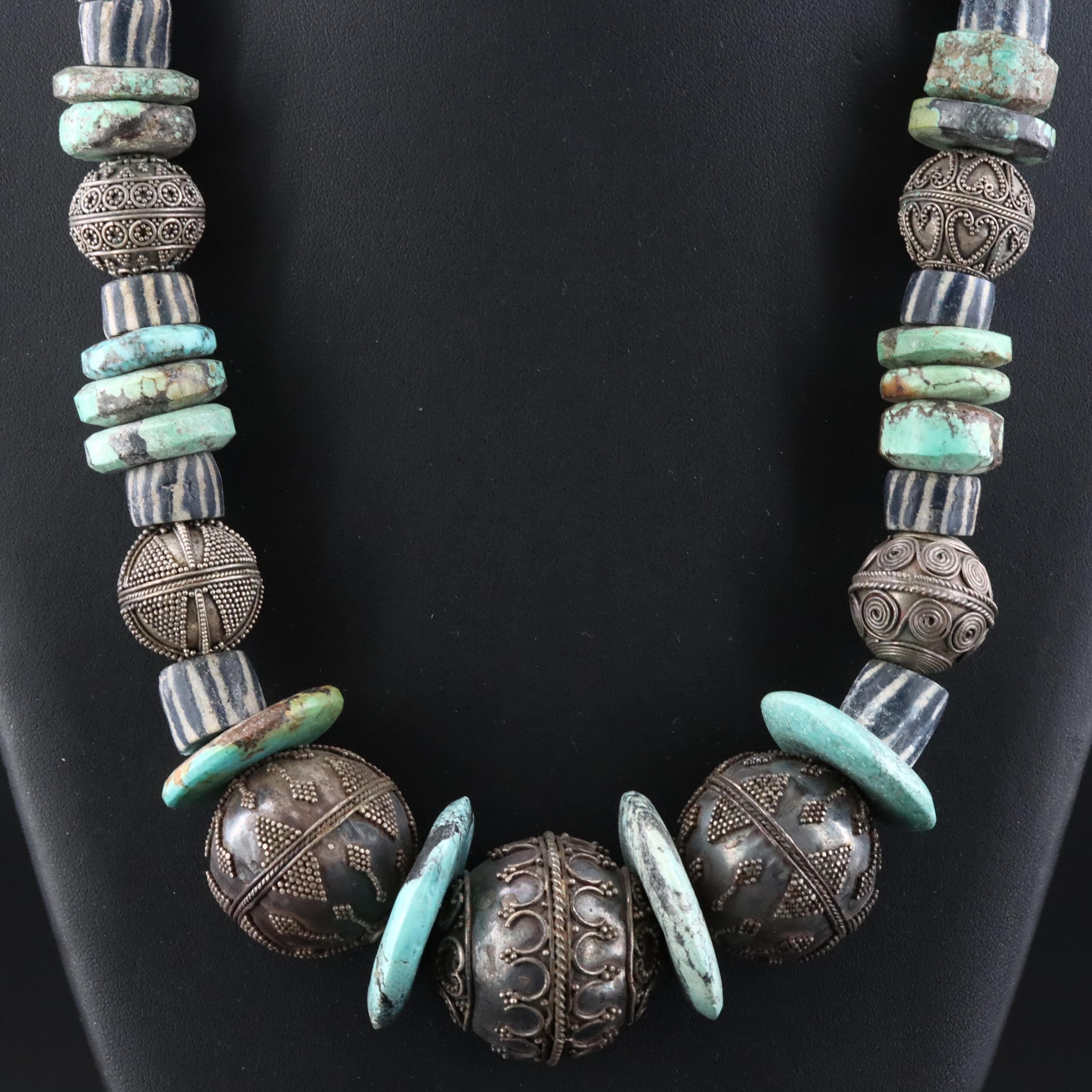 Sterling Granulated Bead, Turquoise and Glass Graduated Necklace
