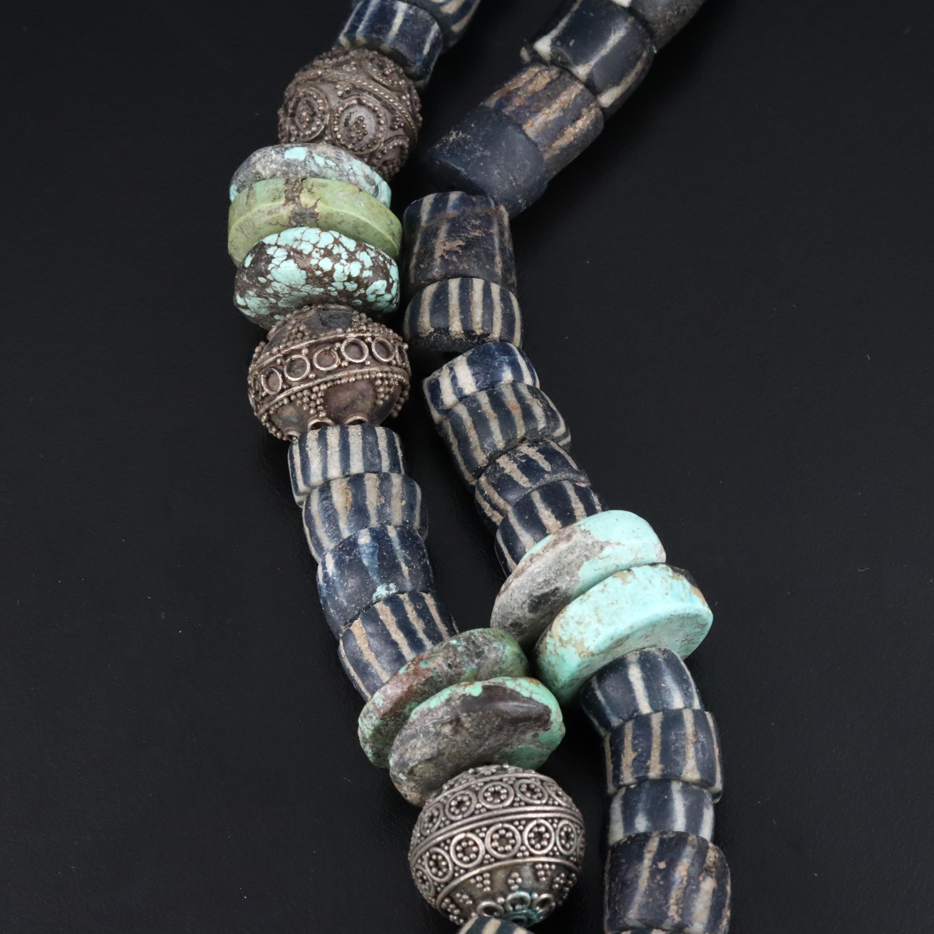 Sterling Granulated Bead, Turquoise and Glass Graduated Necklace