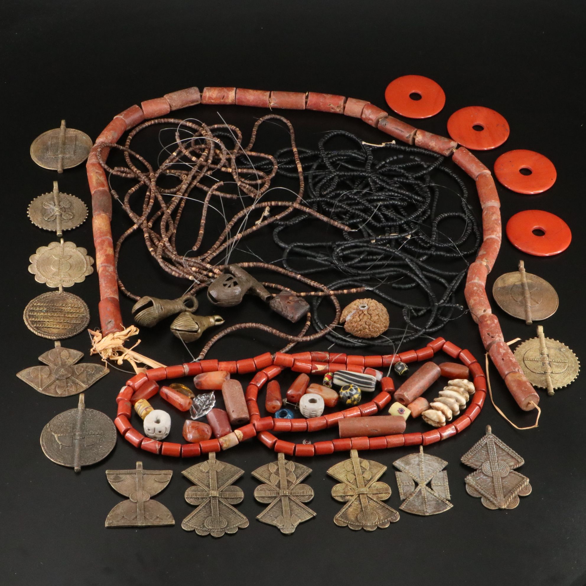 Bead and Hank Collection Including African Brass Bells and Cowrie Shell