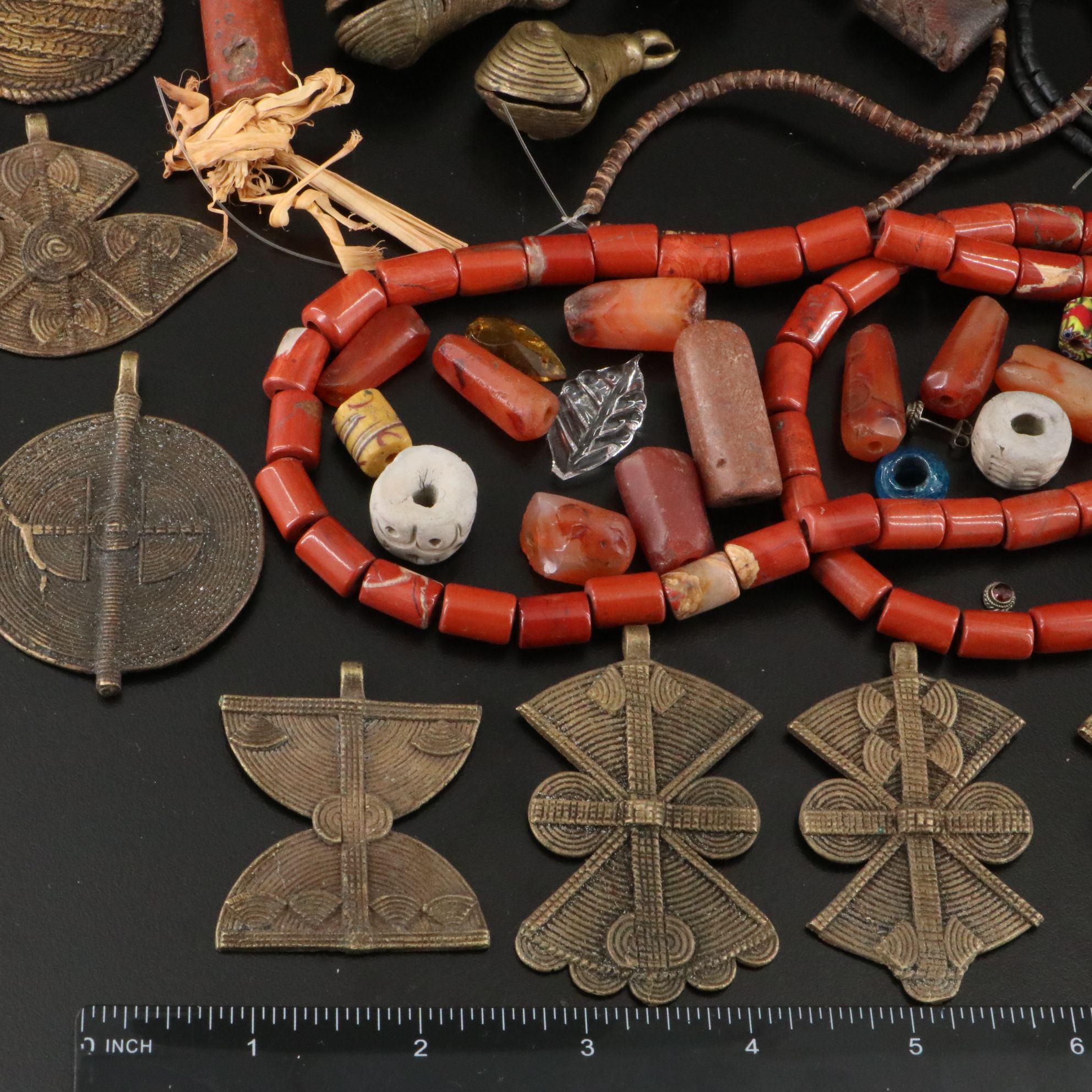 Bead and Hank Collection Including African Brass Bells and Cowrie Shell