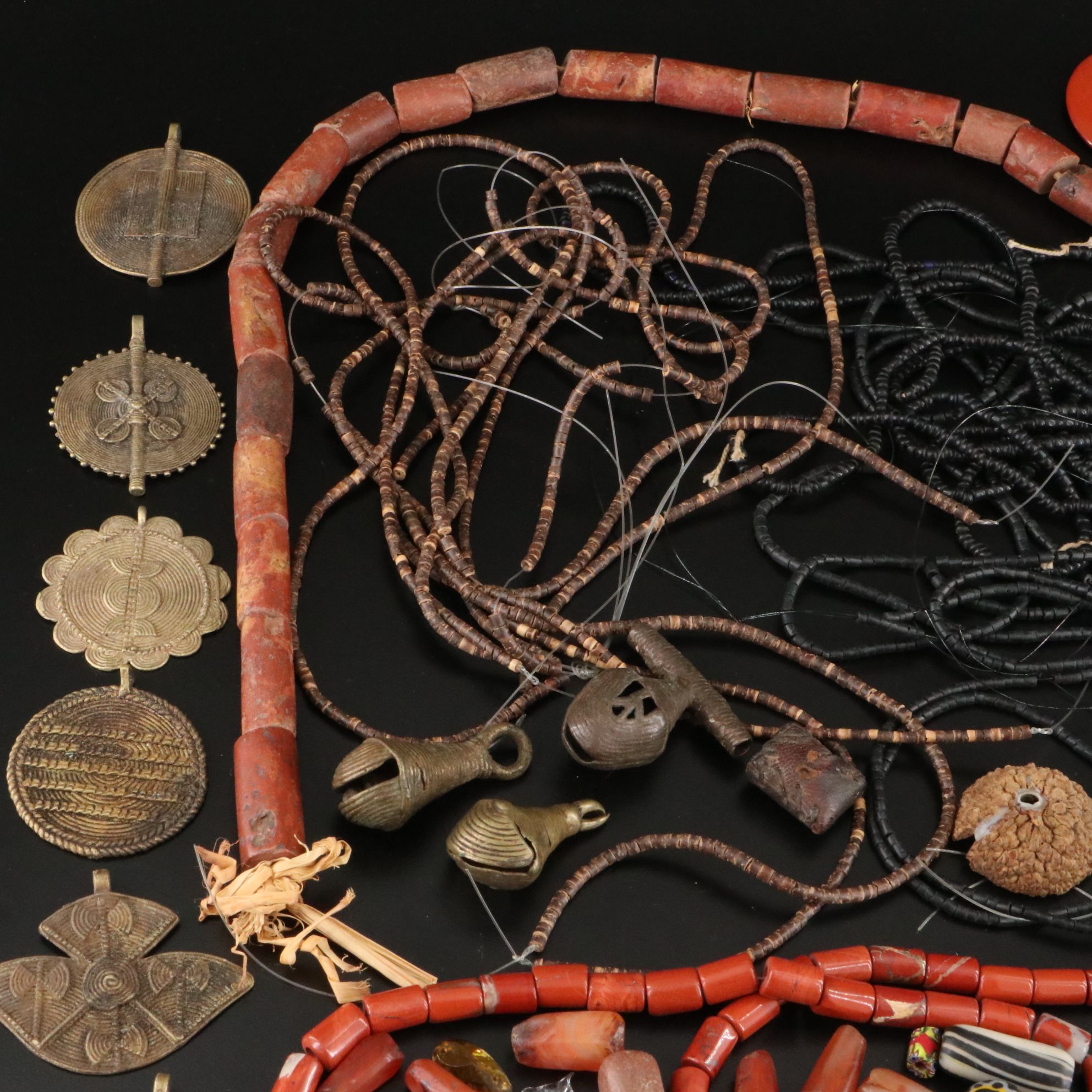 Bead and Hank Collection Including African Brass Bells and Cowrie Shell