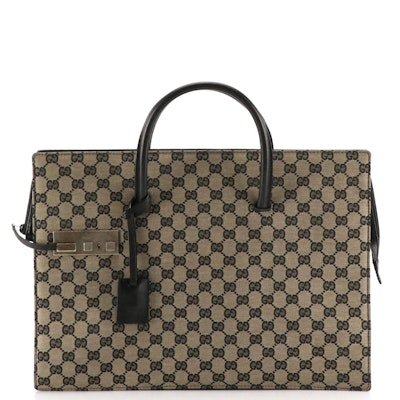 Gucci Top Handle Business Bag Tote in Dark GG Canvas and Leather Trim Gucci Top Handle Business Bag Tote in Dark GG Canvas and Leather Trim