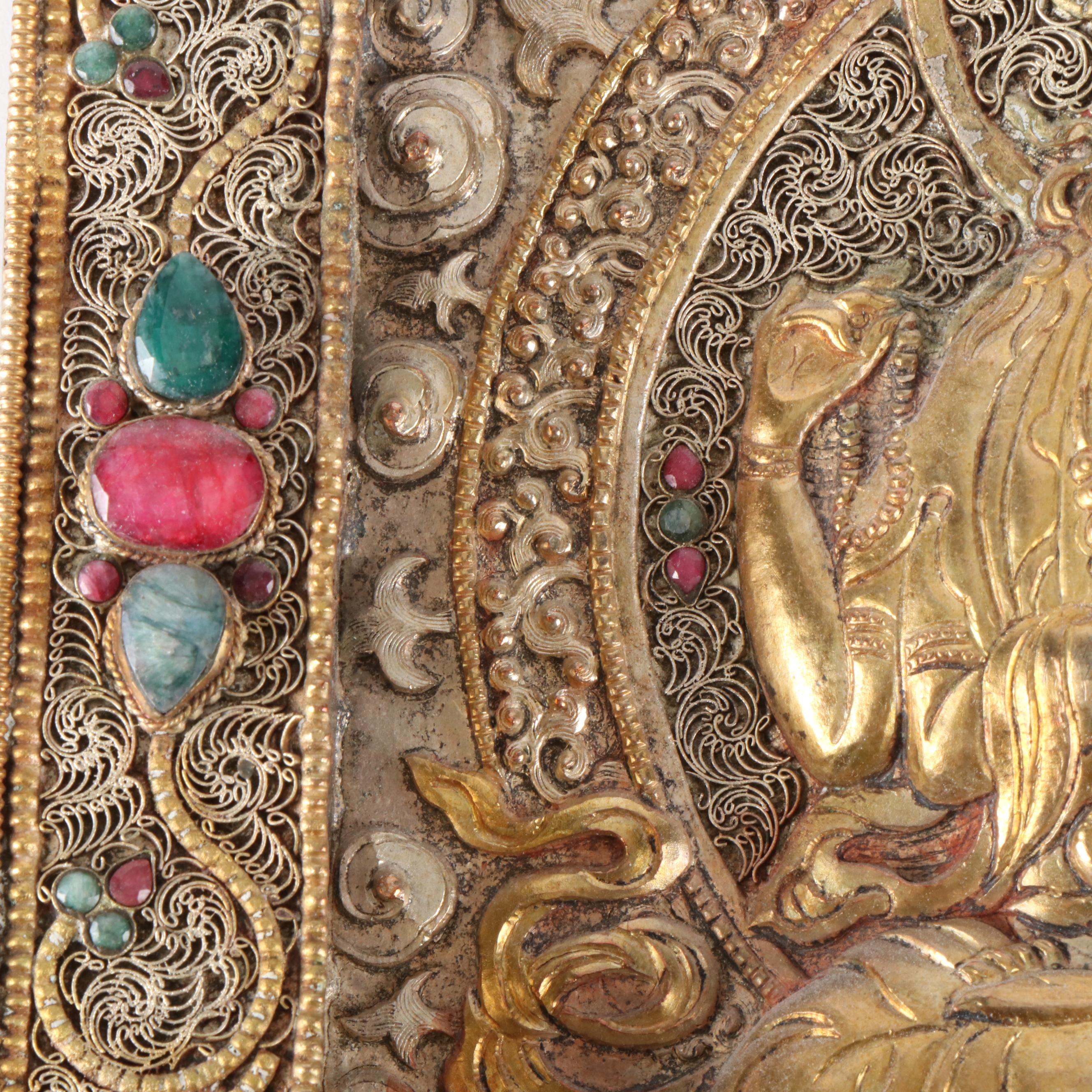 Tibetan Buddhist Silver Plate Ghau Panel with Inlaid Sillimanite