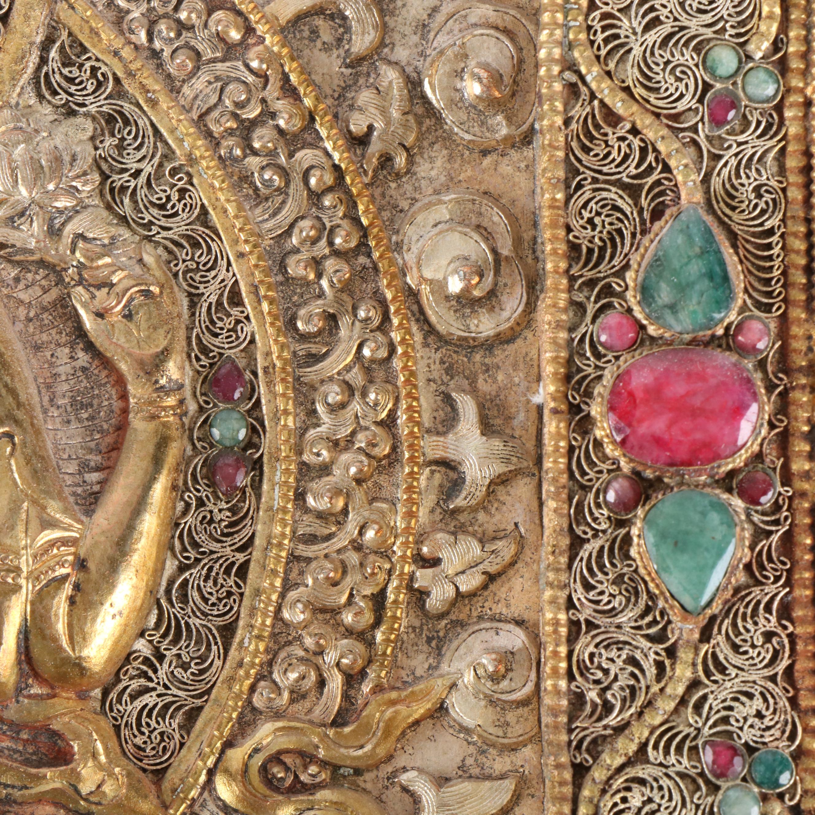 Tibetan Buddhist Silver Plate Ghau Panel with Inlaid Sillimanite