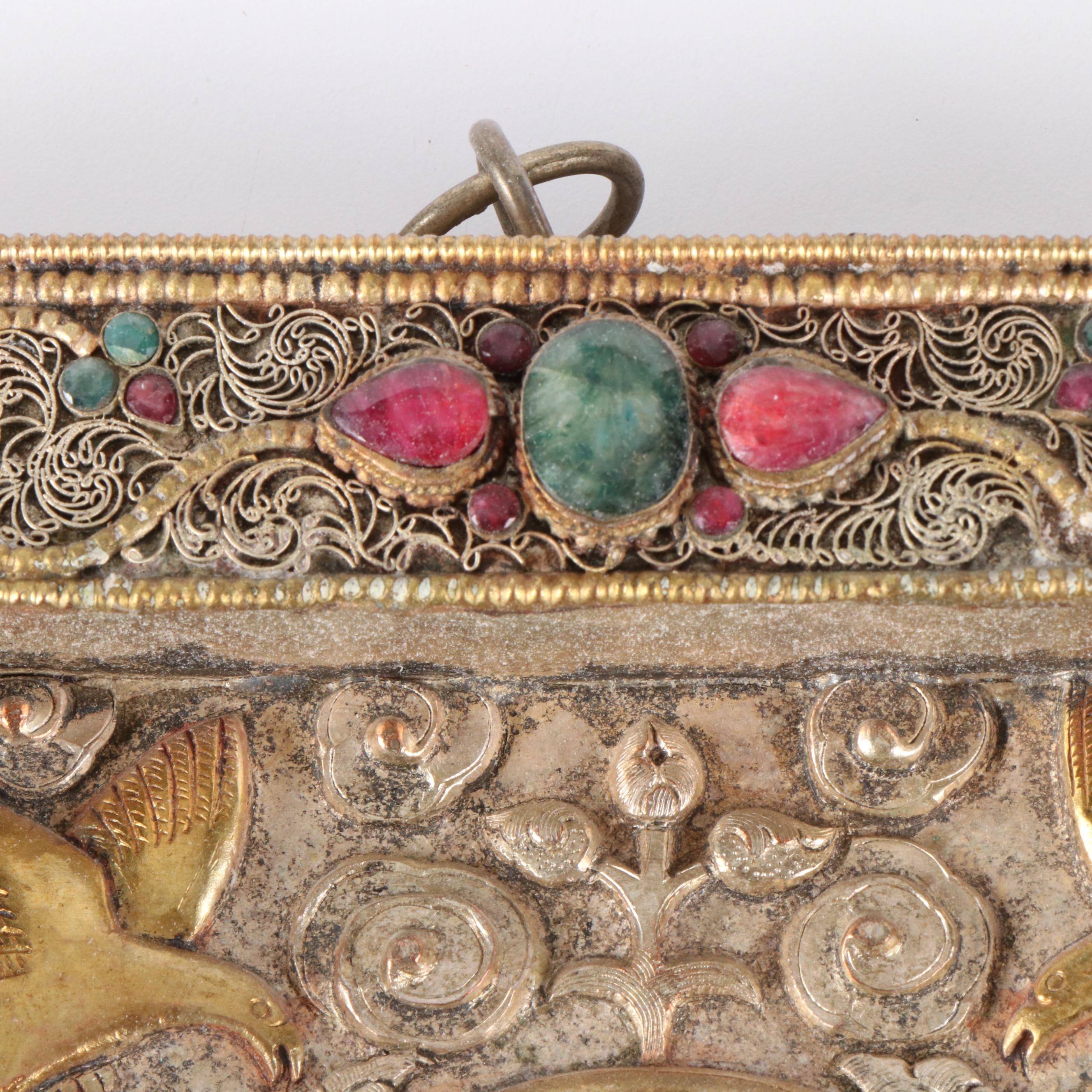 Tibetan Buddhist Silver Plate Ghau Panel with Inlaid Sillimanite