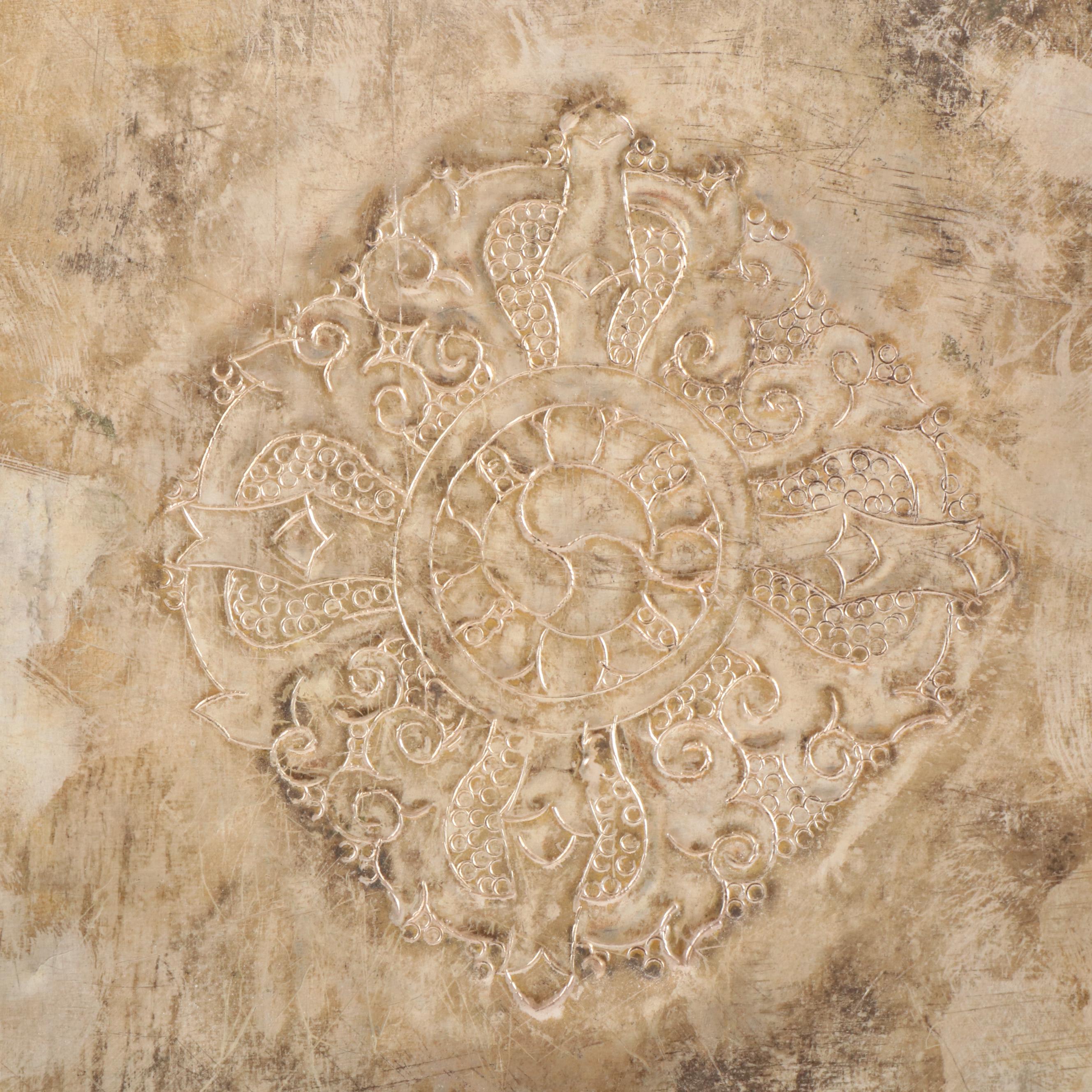 Tibetan Buddhist Silver Plate Ghau Panel with Inlaid Sillimanite