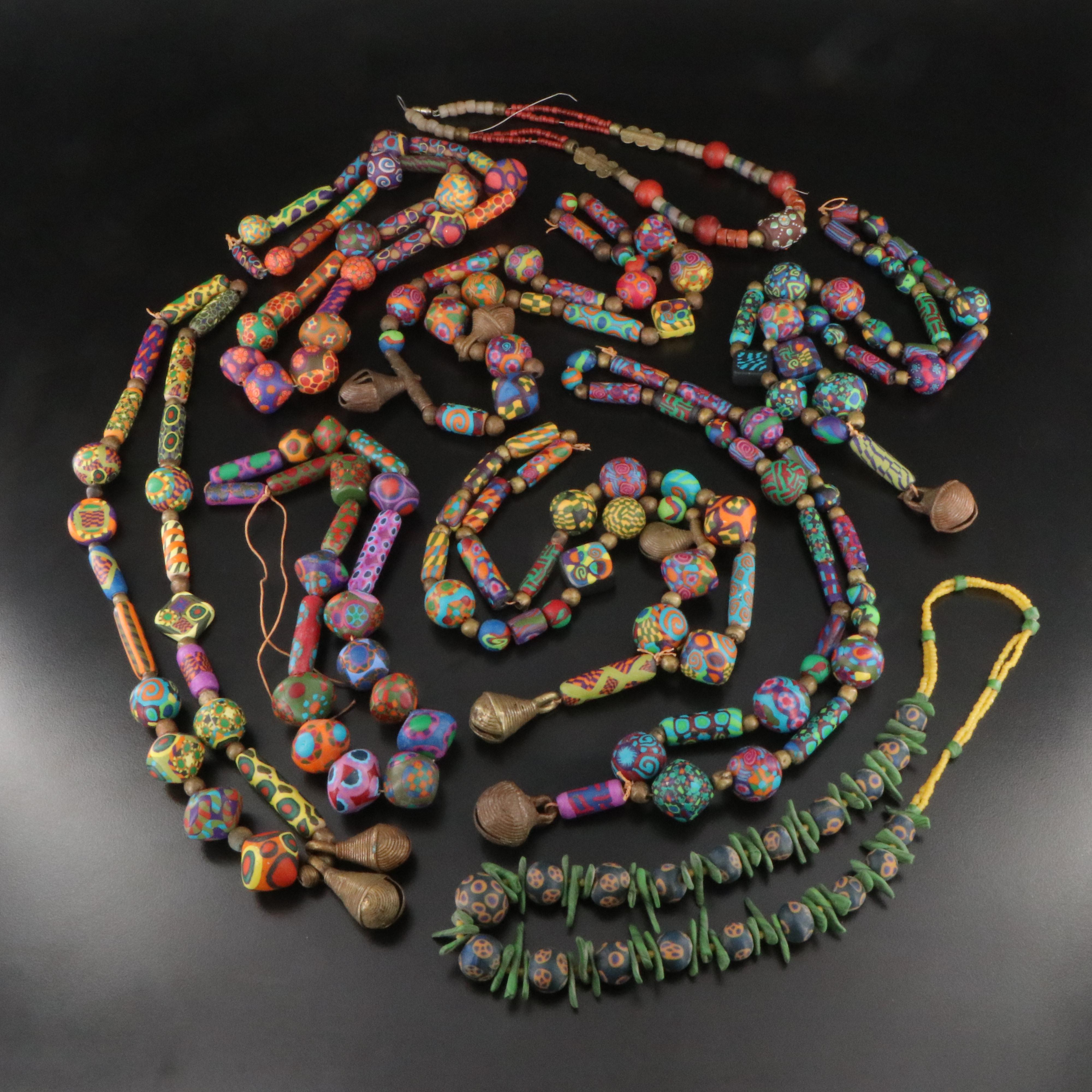 Polymer Clay Bead, Glass & Coral Assemblage Necklaces with African Brass Beads