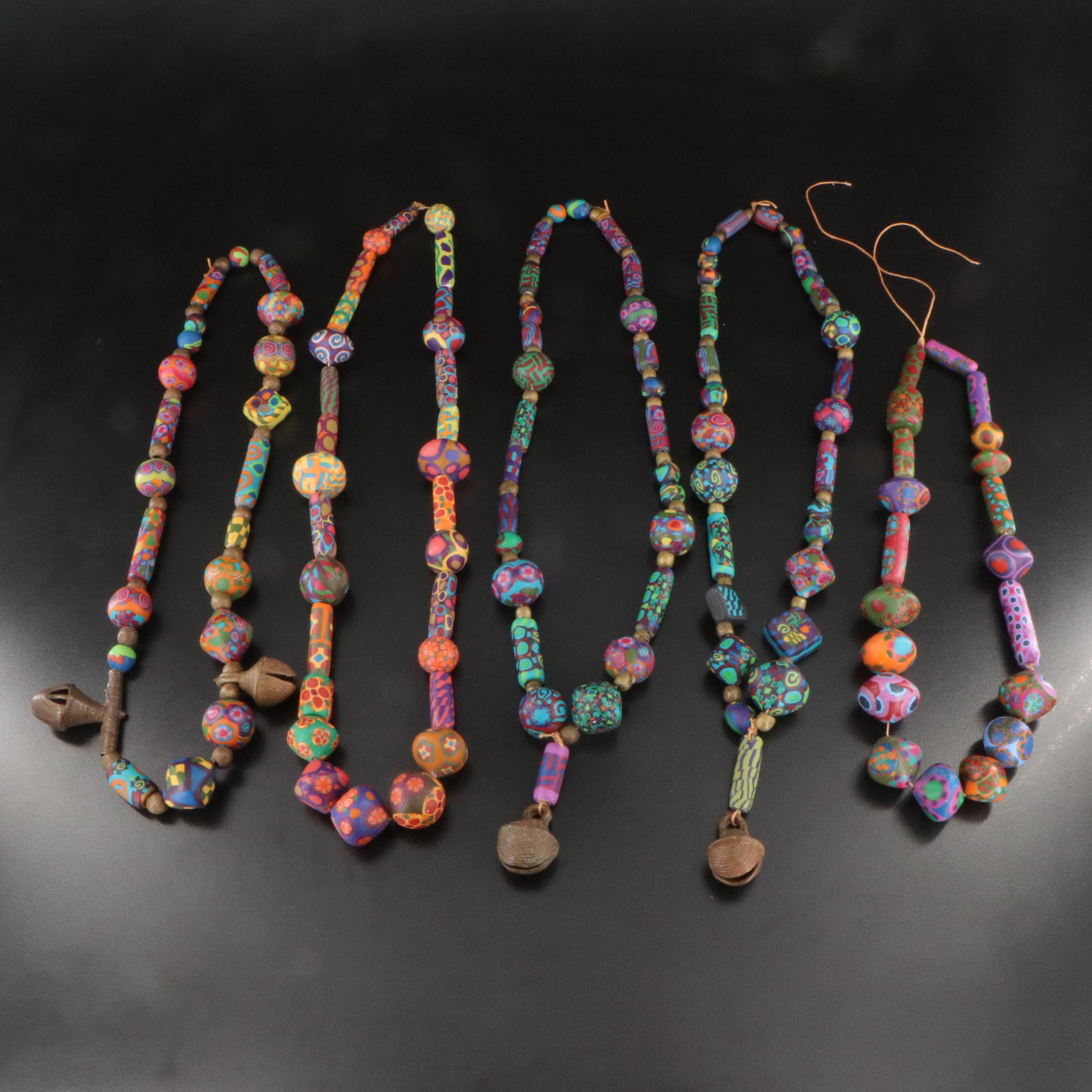 Polymer Clay Bead, Glass & Coral Assemblage Necklaces with African Brass Beads