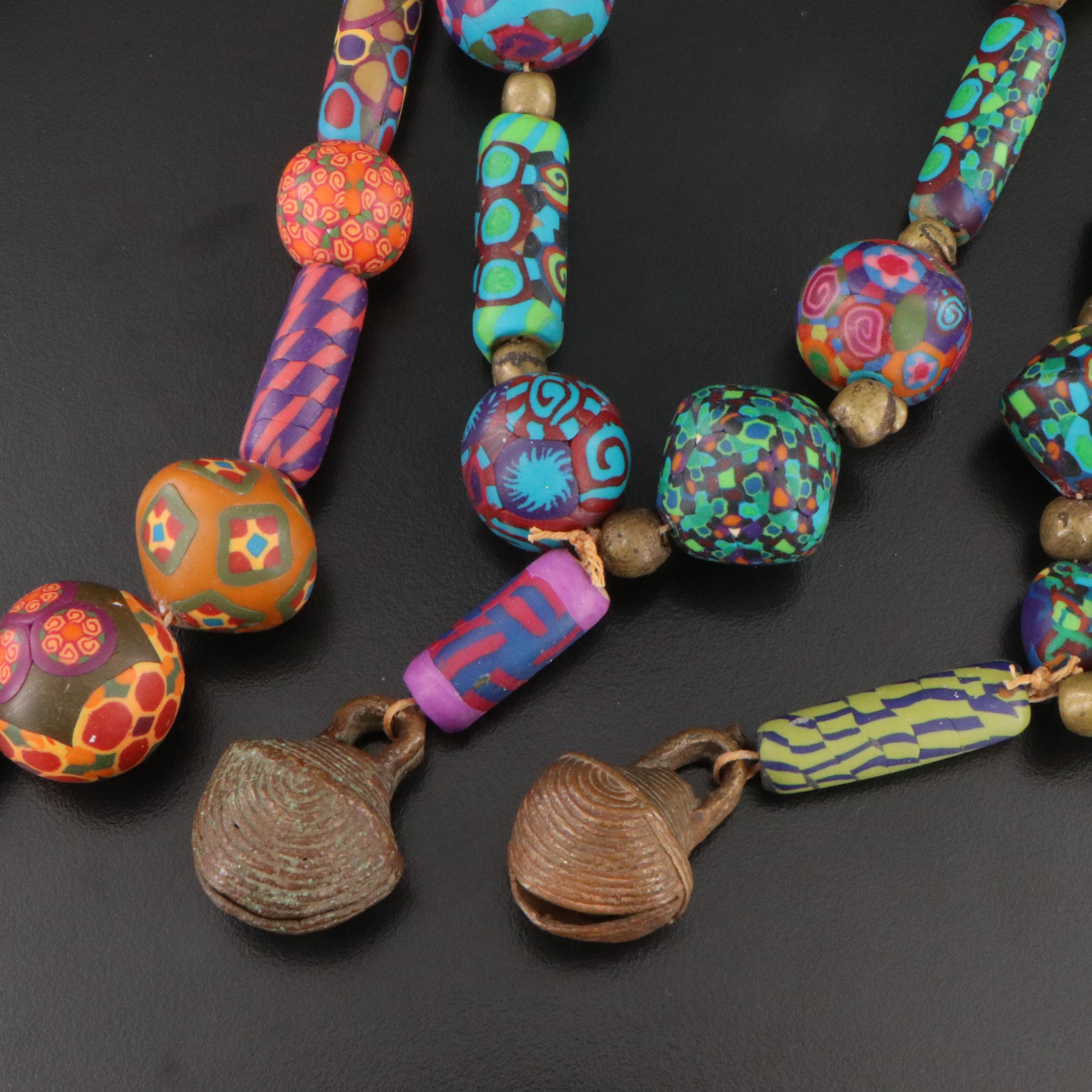Polymer Clay Bead, Glass & Coral Assemblage Necklaces with African Brass Beads