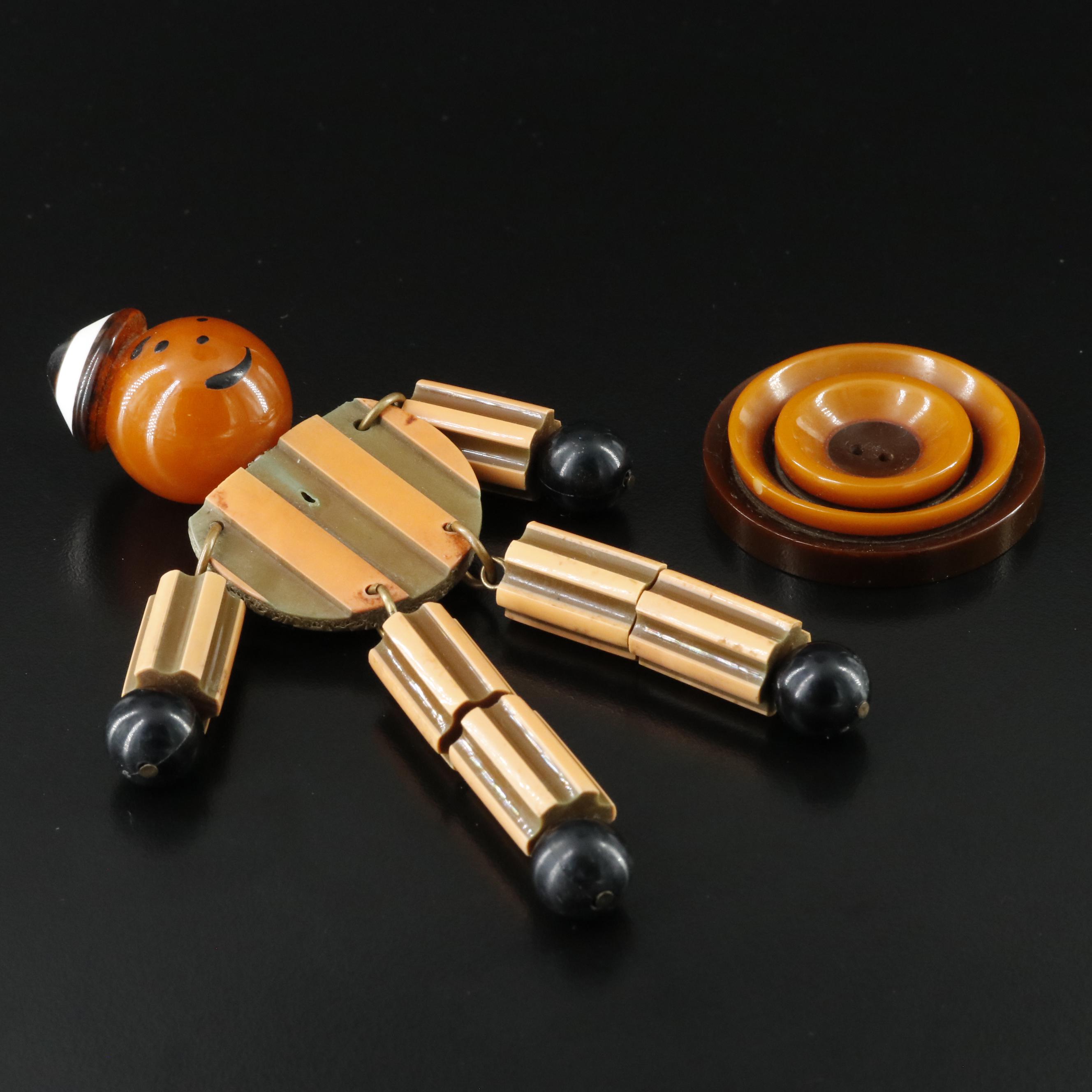 Early Plastic Crib Toy Brooch and Necklace Including Bakelite Button