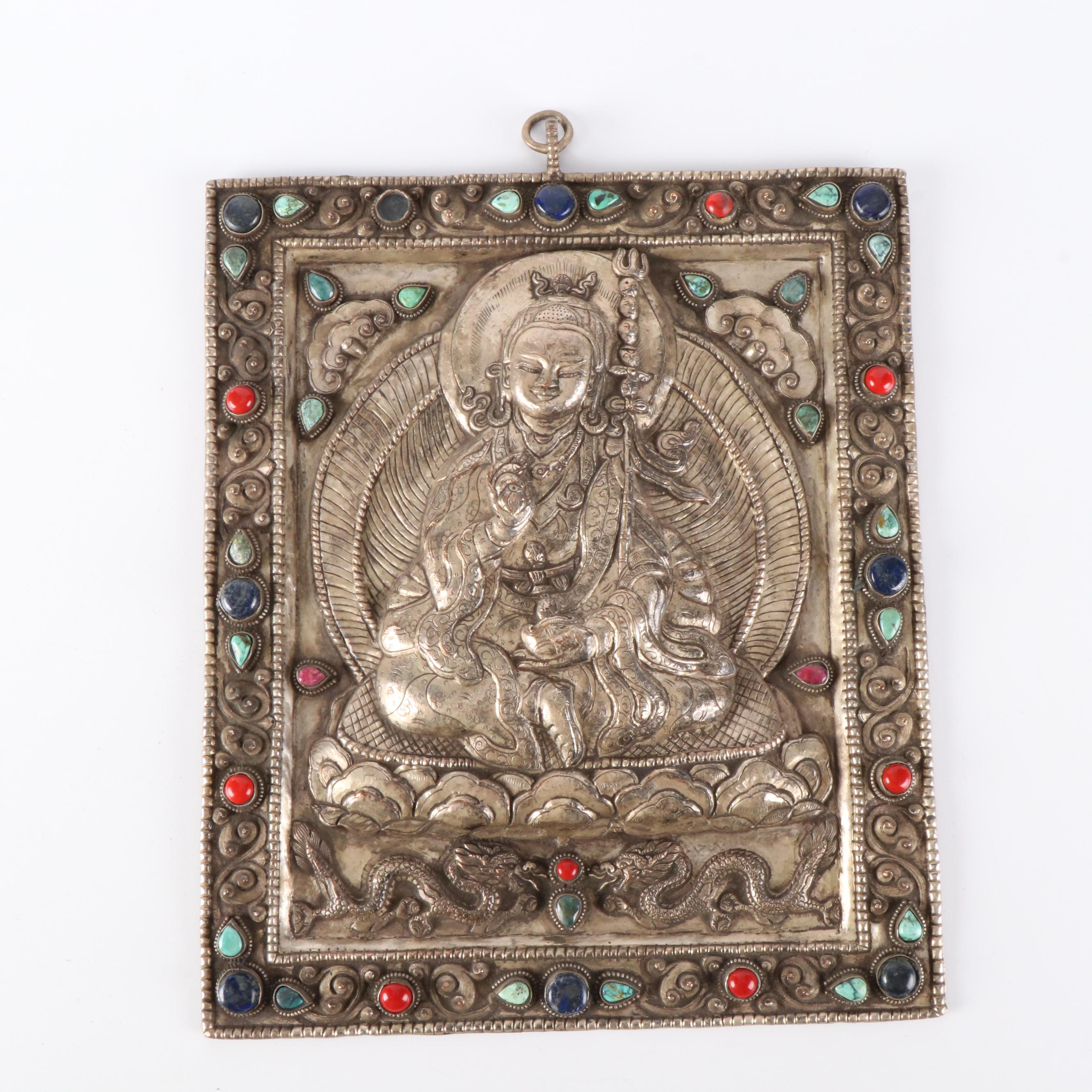 Tibetan Buddhist Silver Plate Ghau Panel with Inlaid Lapis Lazuli and More
