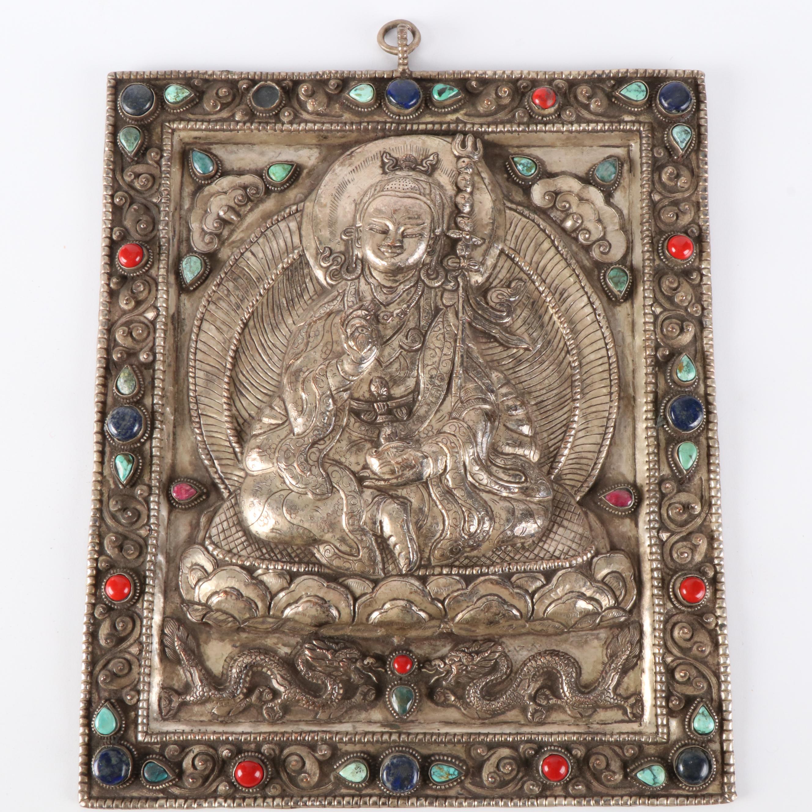 Tibetan Buddhist Silver Plate Ghau Panel with Inlaid Lapis Lazuli and More