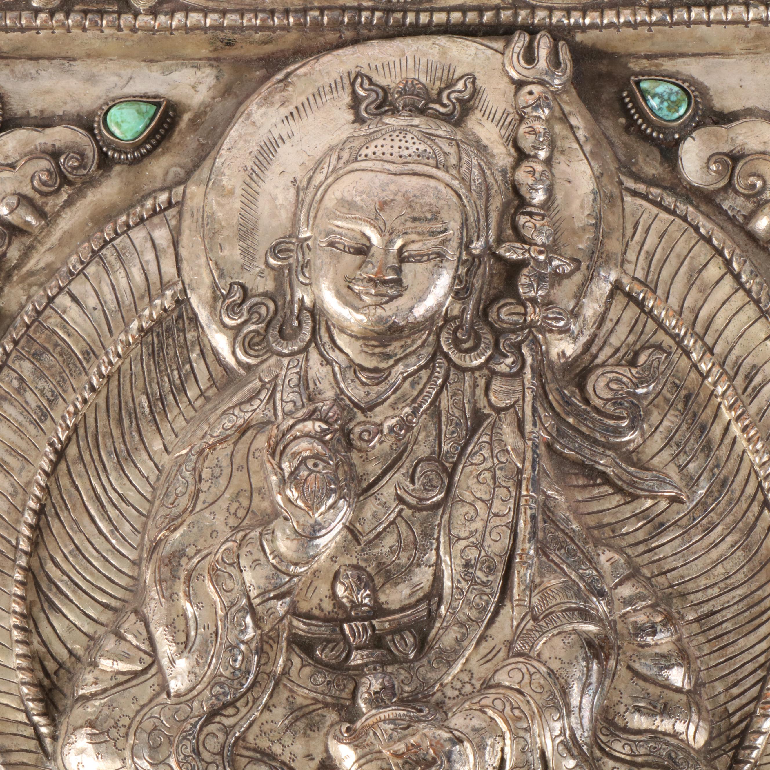 Tibetan Buddhist Silver Plate Ghau Panel with Inlaid Lapis Lazuli and More