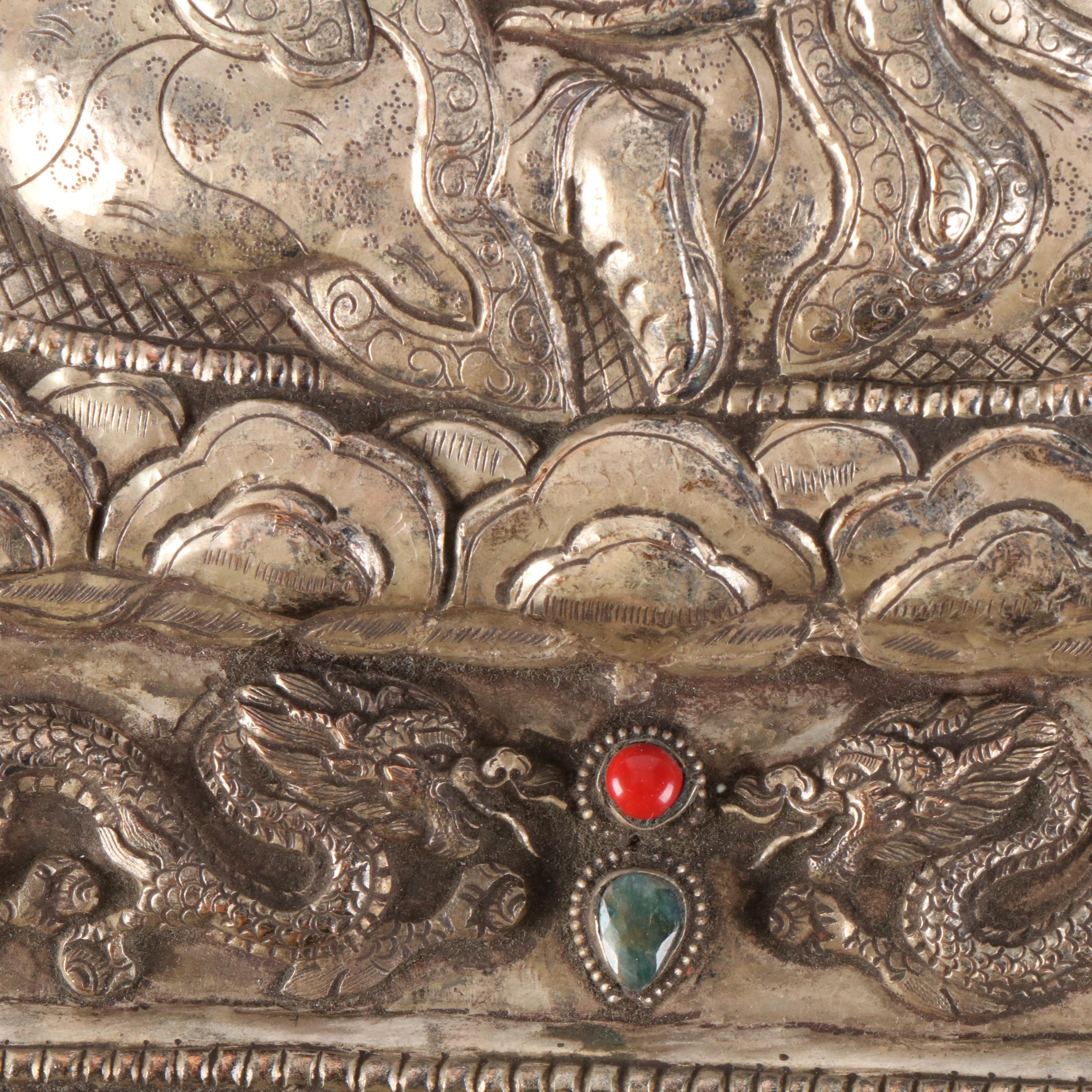 Tibetan Buddhist Silver Plate Ghau Panel with Inlaid Lapis Lazuli and More