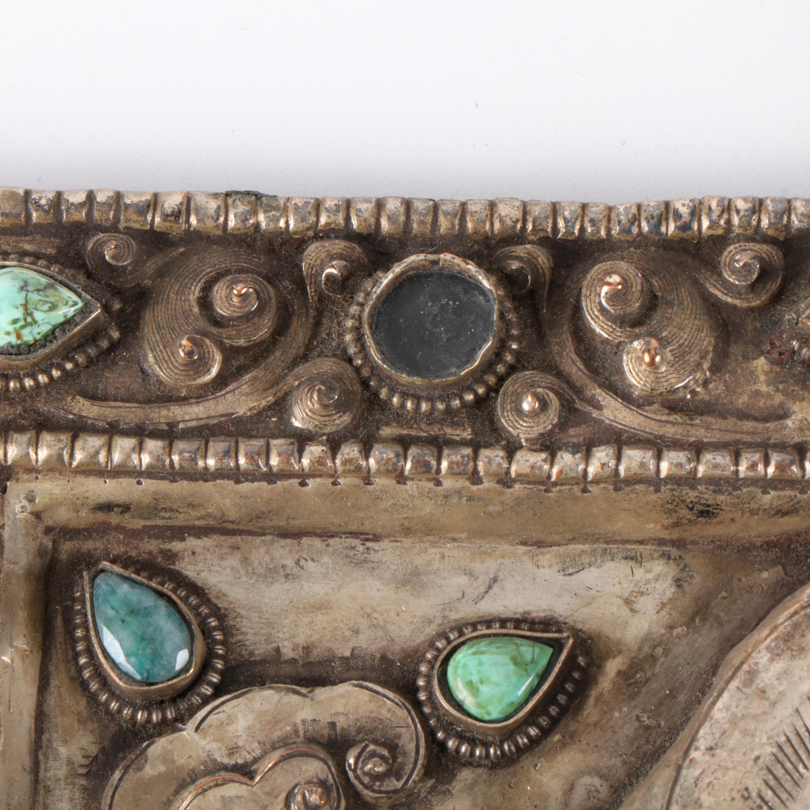 Tibetan Buddhist Silver Plate Ghau Panel with Inlaid Lapis Lazuli and More