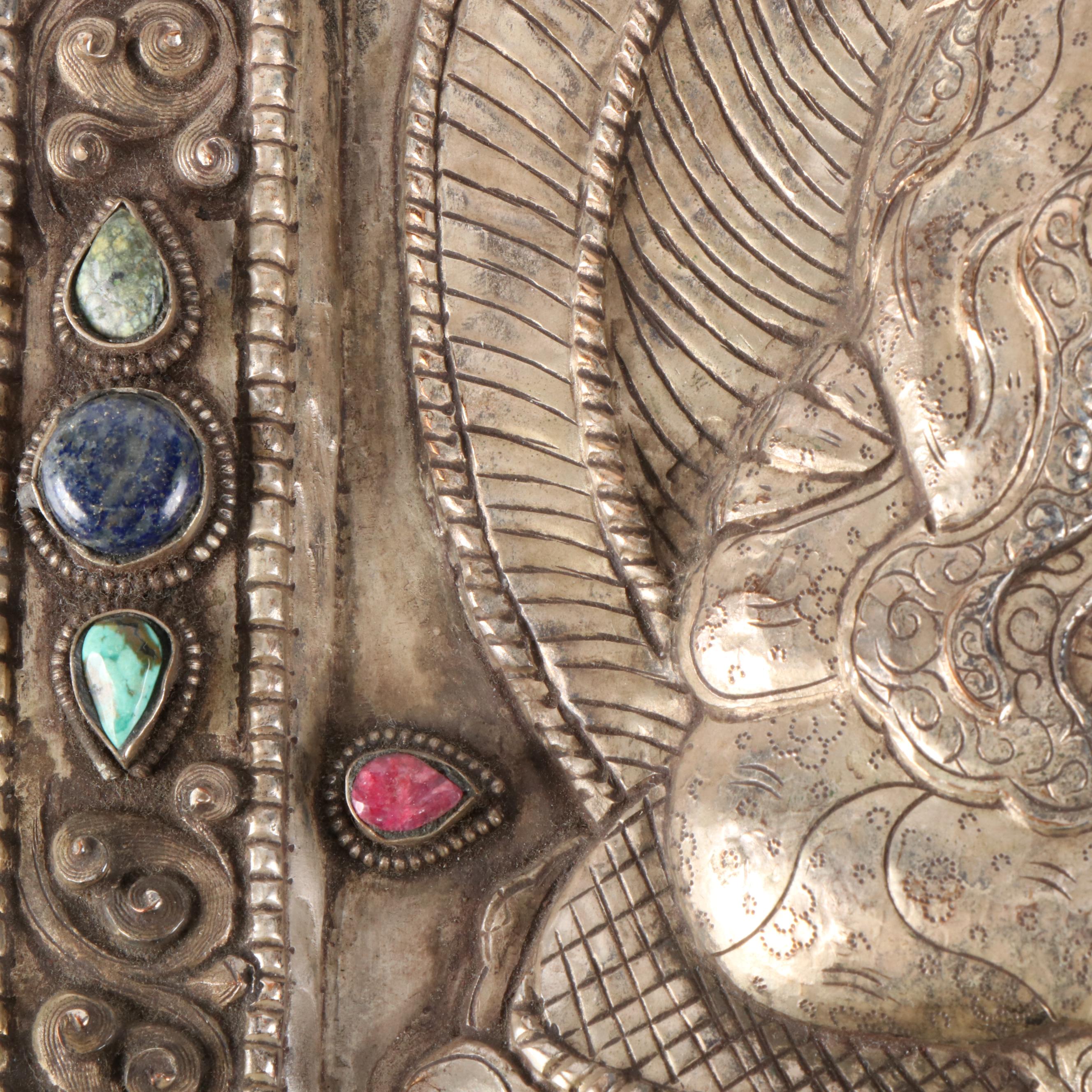 Tibetan Buddhist Silver Plate Ghau Panel with Inlaid Lapis Lazuli and More