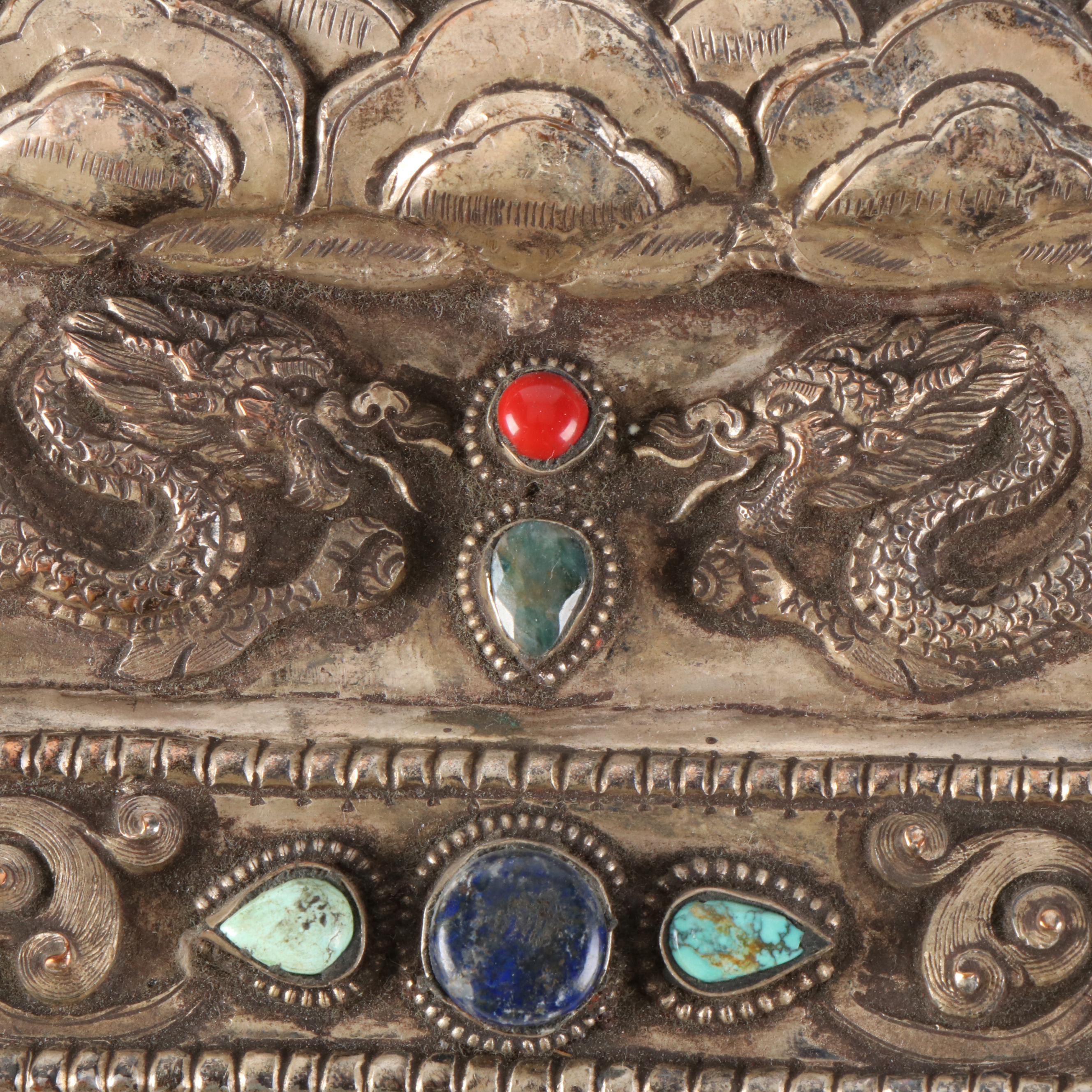 Tibetan Buddhist Silver Plate Ghau Panel with Inlaid Lapis Lazuli and More
