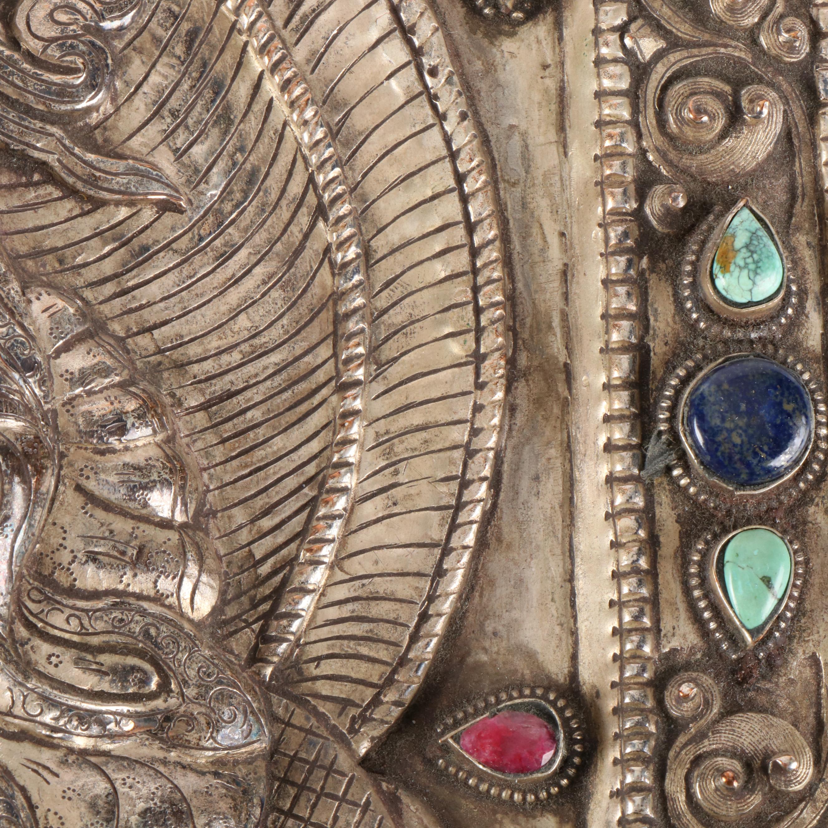 Tibetan Buddhist Silver Plate Ghau Panel with Inlaid Lapis Lazuli and More