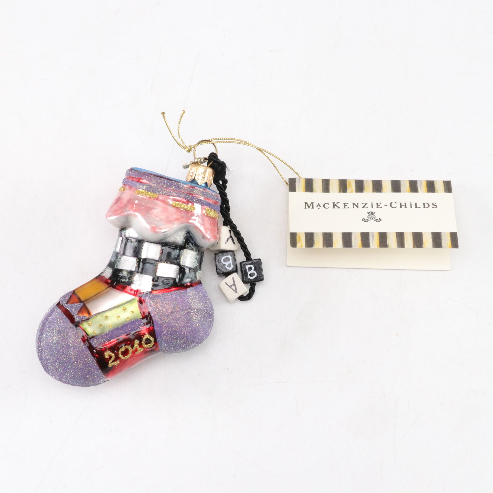 Three MacKenzie-Childs Blown Glass Christmas Ornaments with "First Christmas"