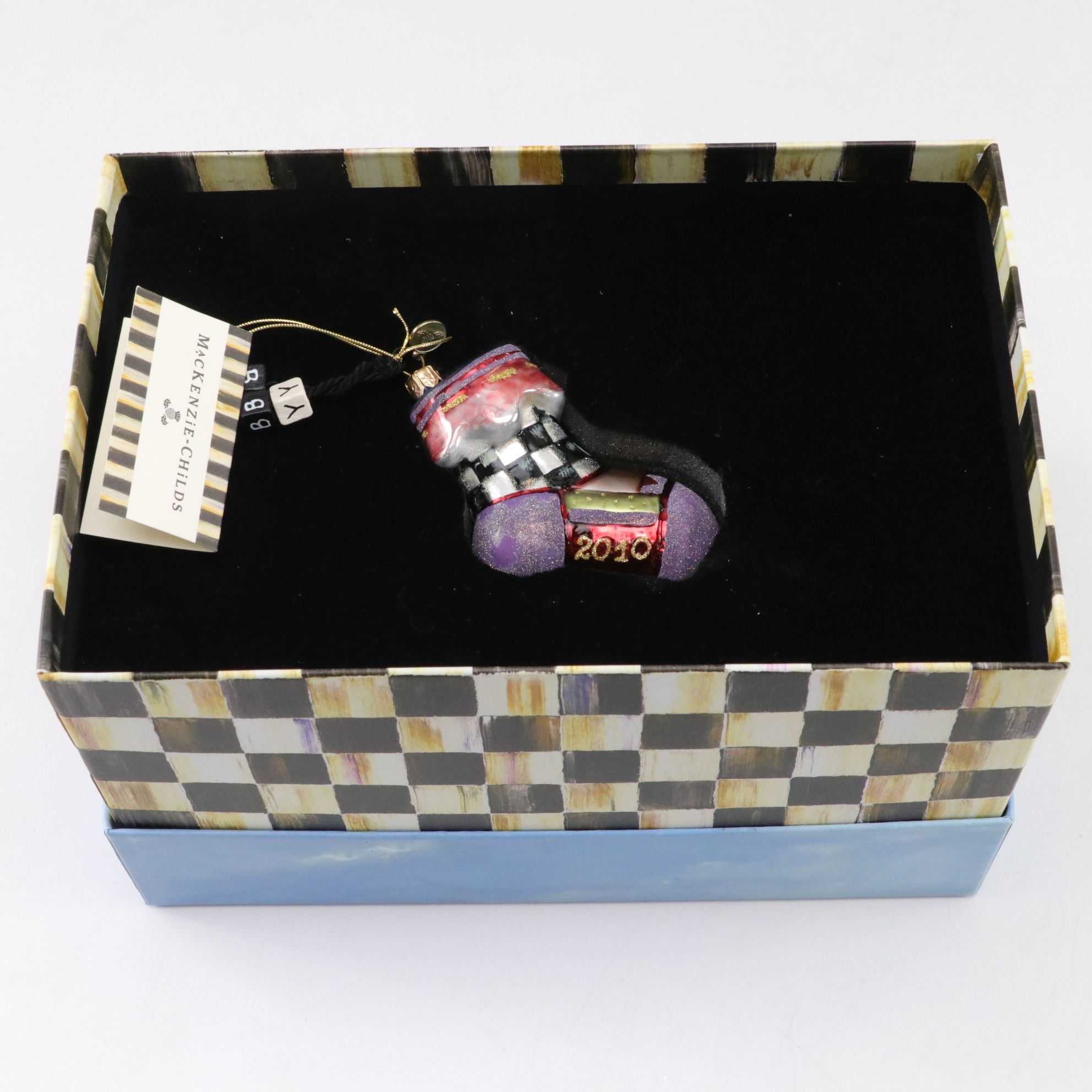 Three MacKenzie-Childs Blown Glass Christmas Ornaments with "First Christmas"