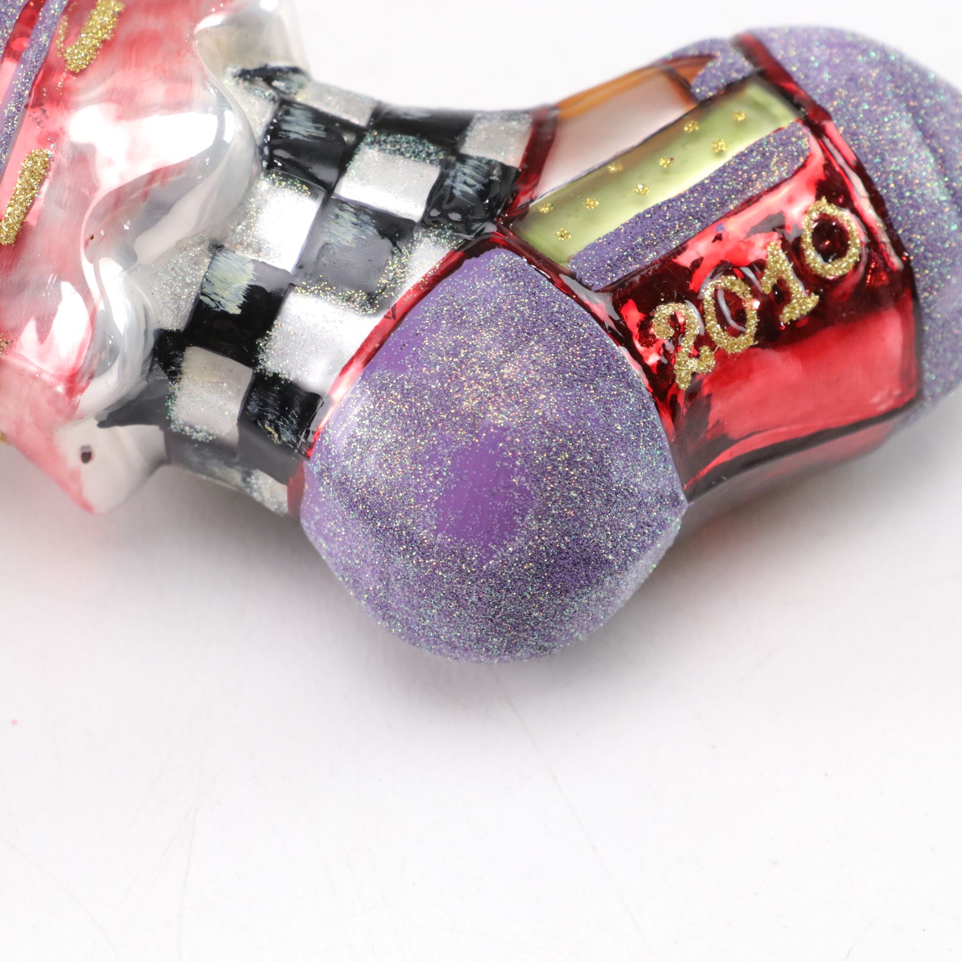 Three MacKenzie-Childs Blown Glass Christmas Ornaments with "First Christmas"