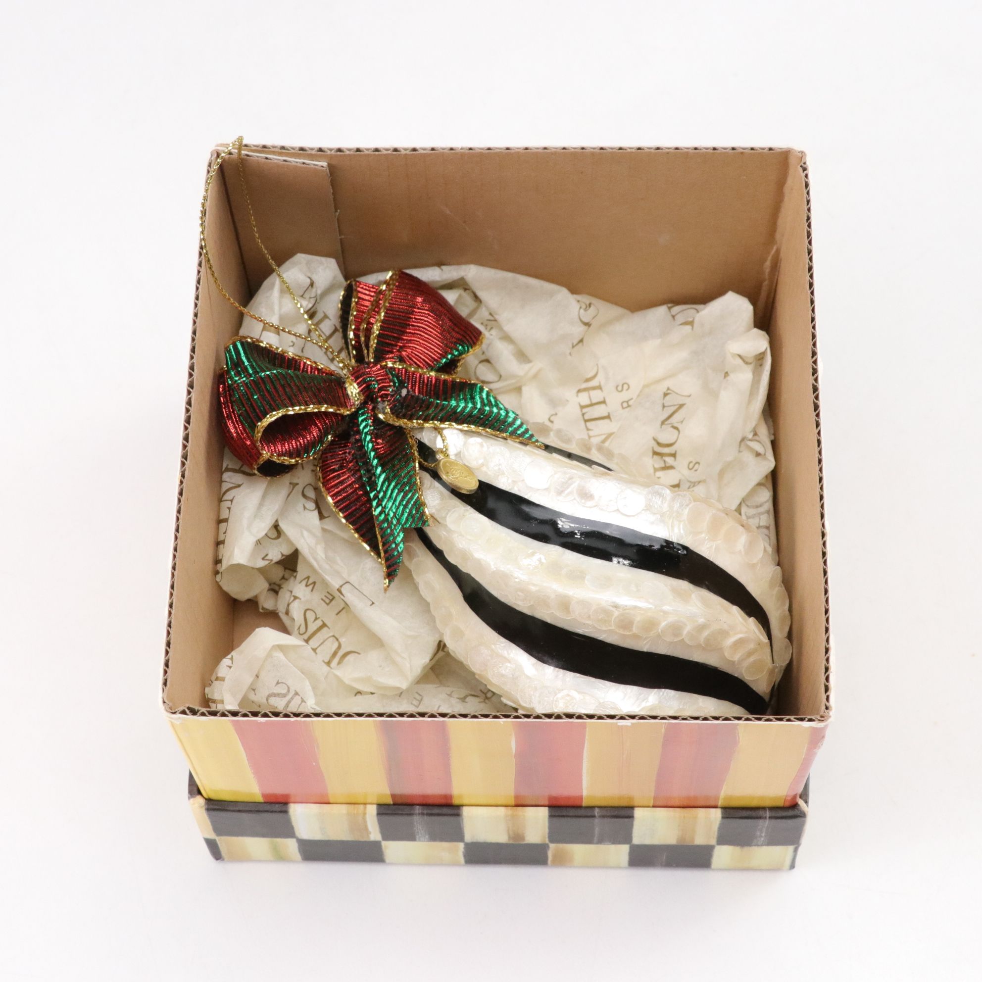 Three MacKenzie-Childs Blown Glass Christmas Ornaments with "First Christmas"