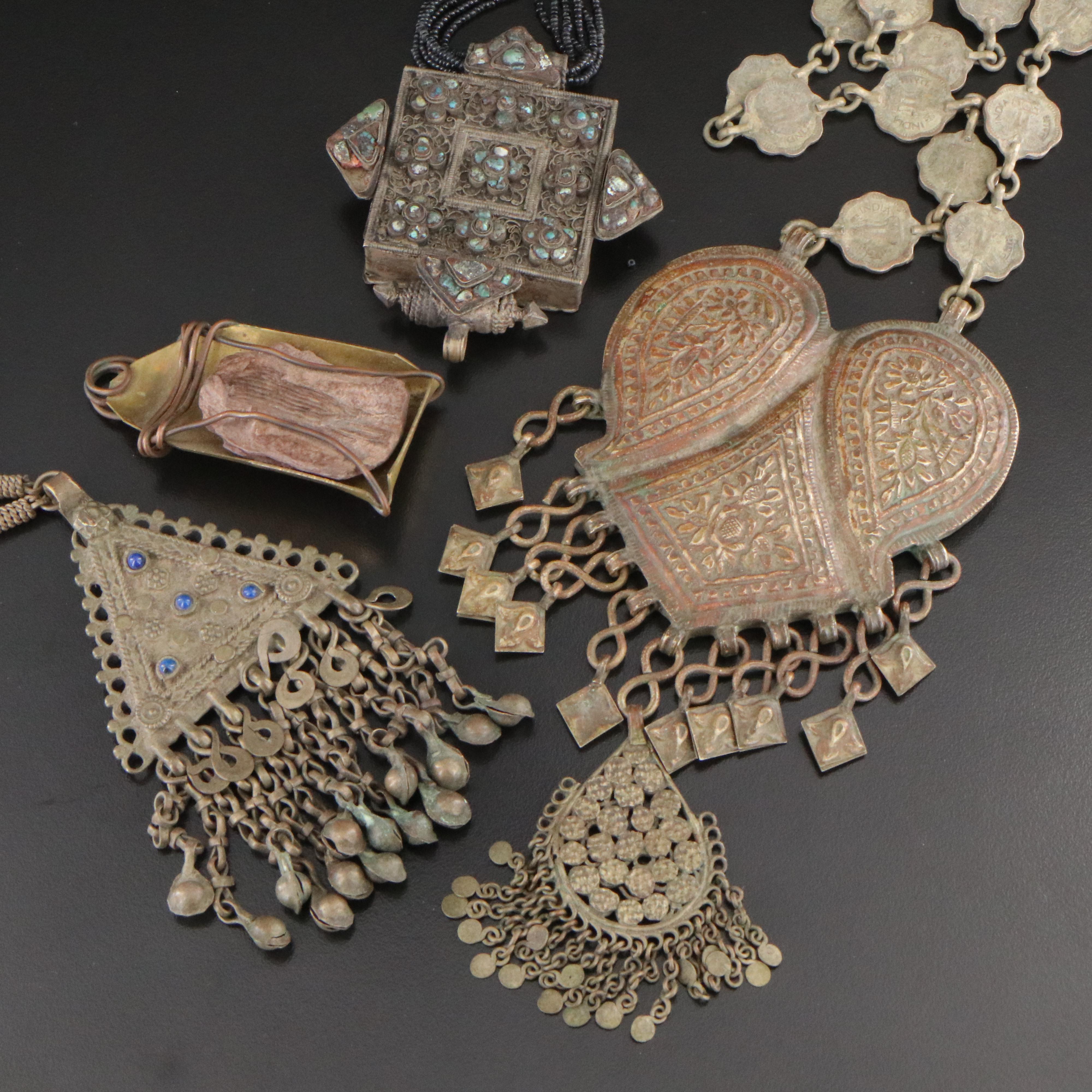 Indian Necklaces Including Prayer Box with Fossil Pendant